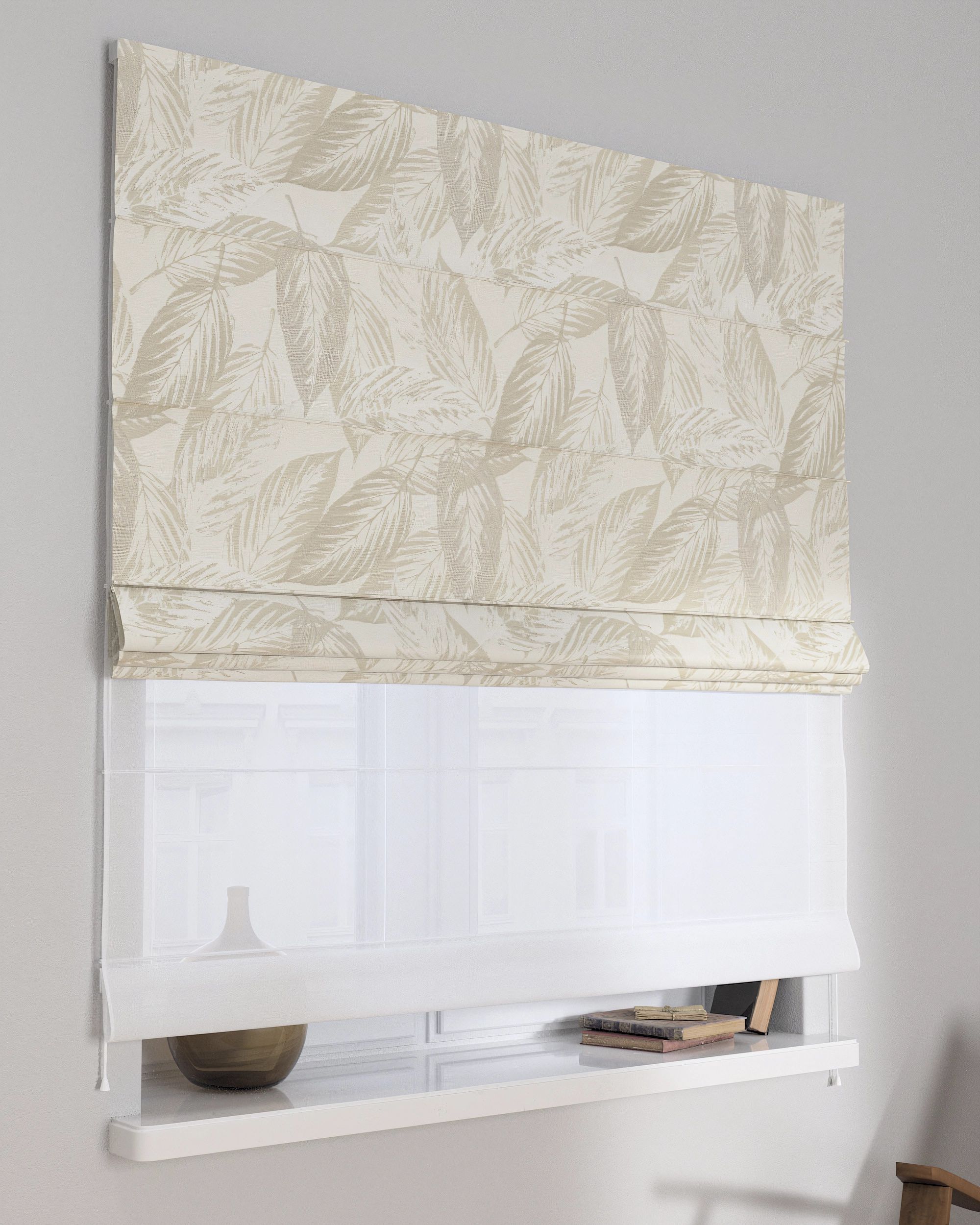 Double layered Roman blind DUO product colour green fabric gloss, structured, patterned