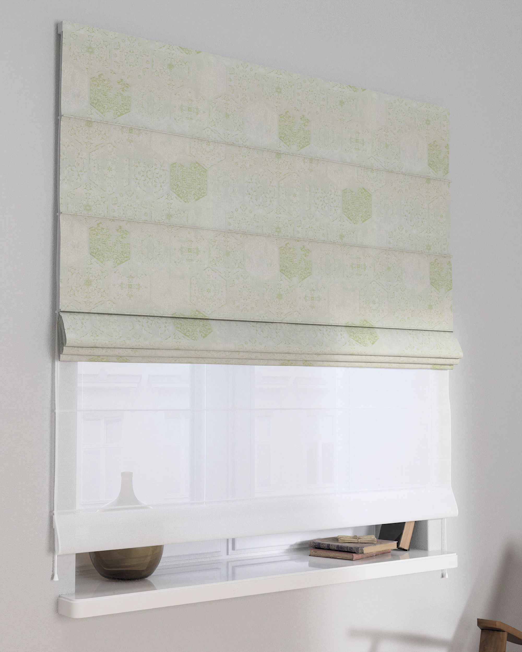 Double layered Roman blind DUO product colour green fabric gloss, structured, patterned