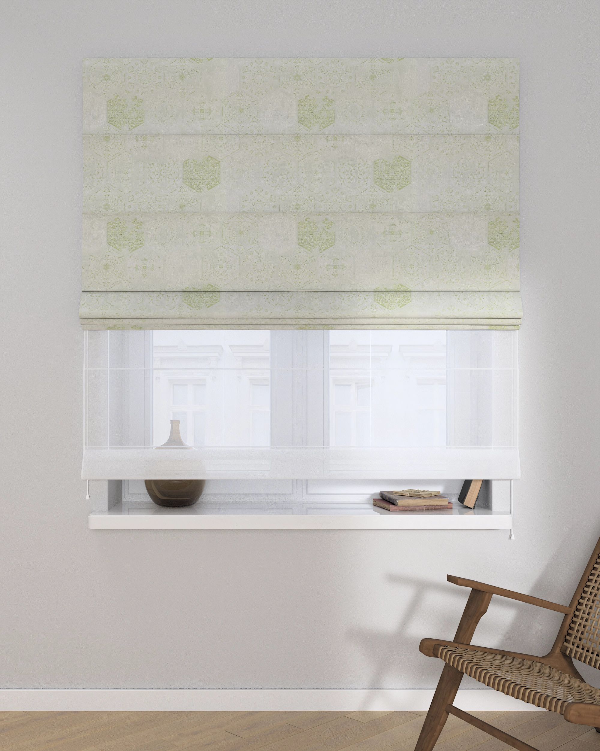 Double layered Roman blind DUO product colour green fabric gloss, structured, patterned (hover)
