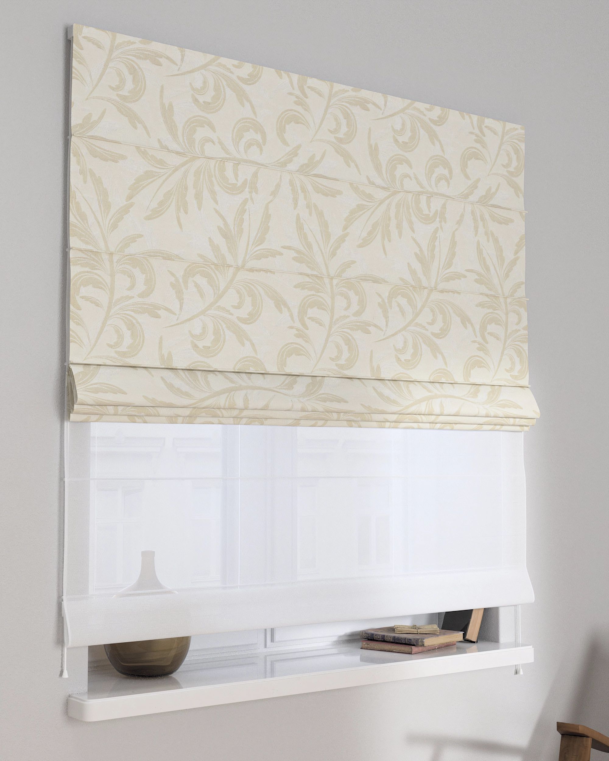 Double layered Roman blind DUO product colour grey fabric gloss, structured, patterned