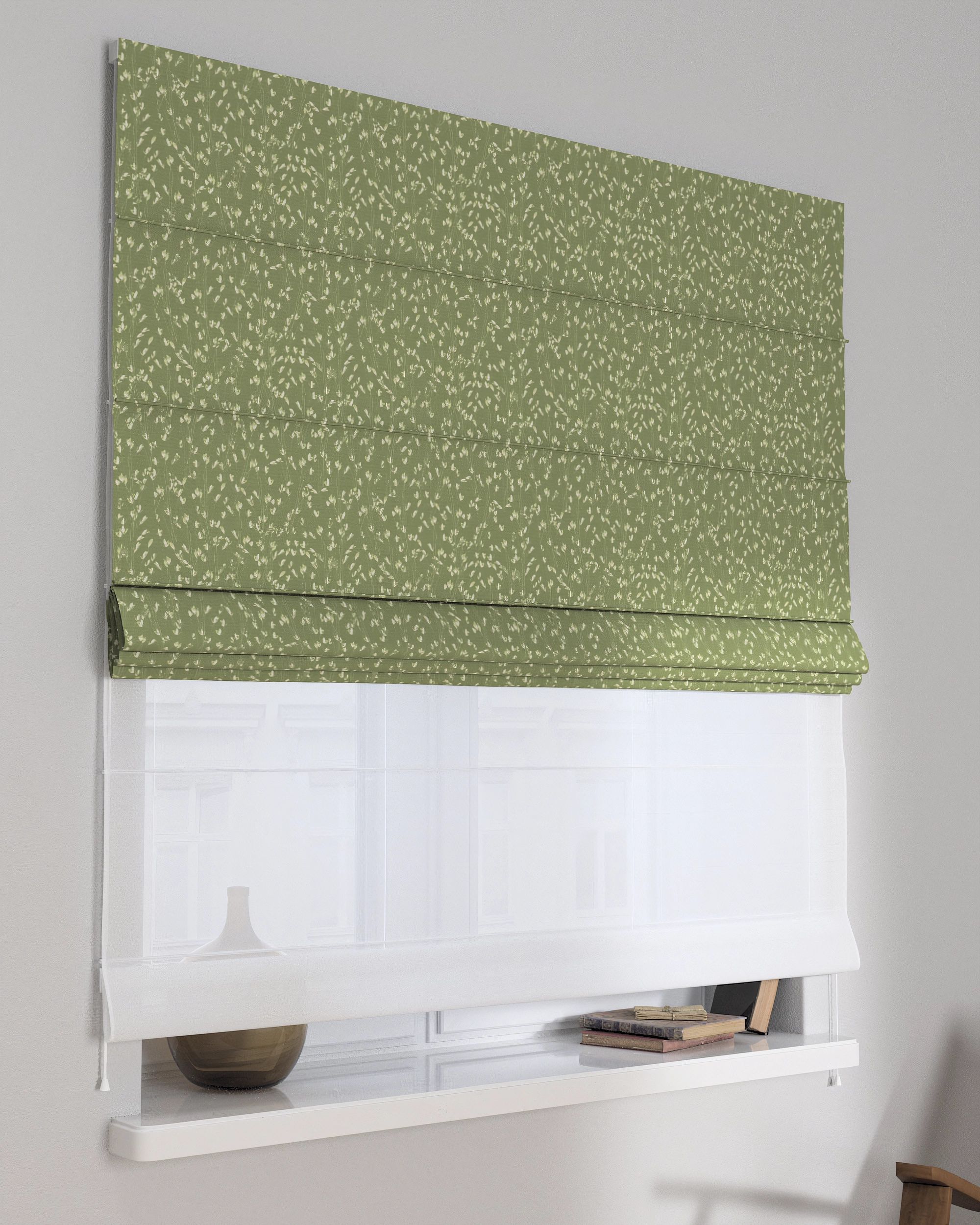 Double layered Roman blind DUO product colour green fabric patterned
