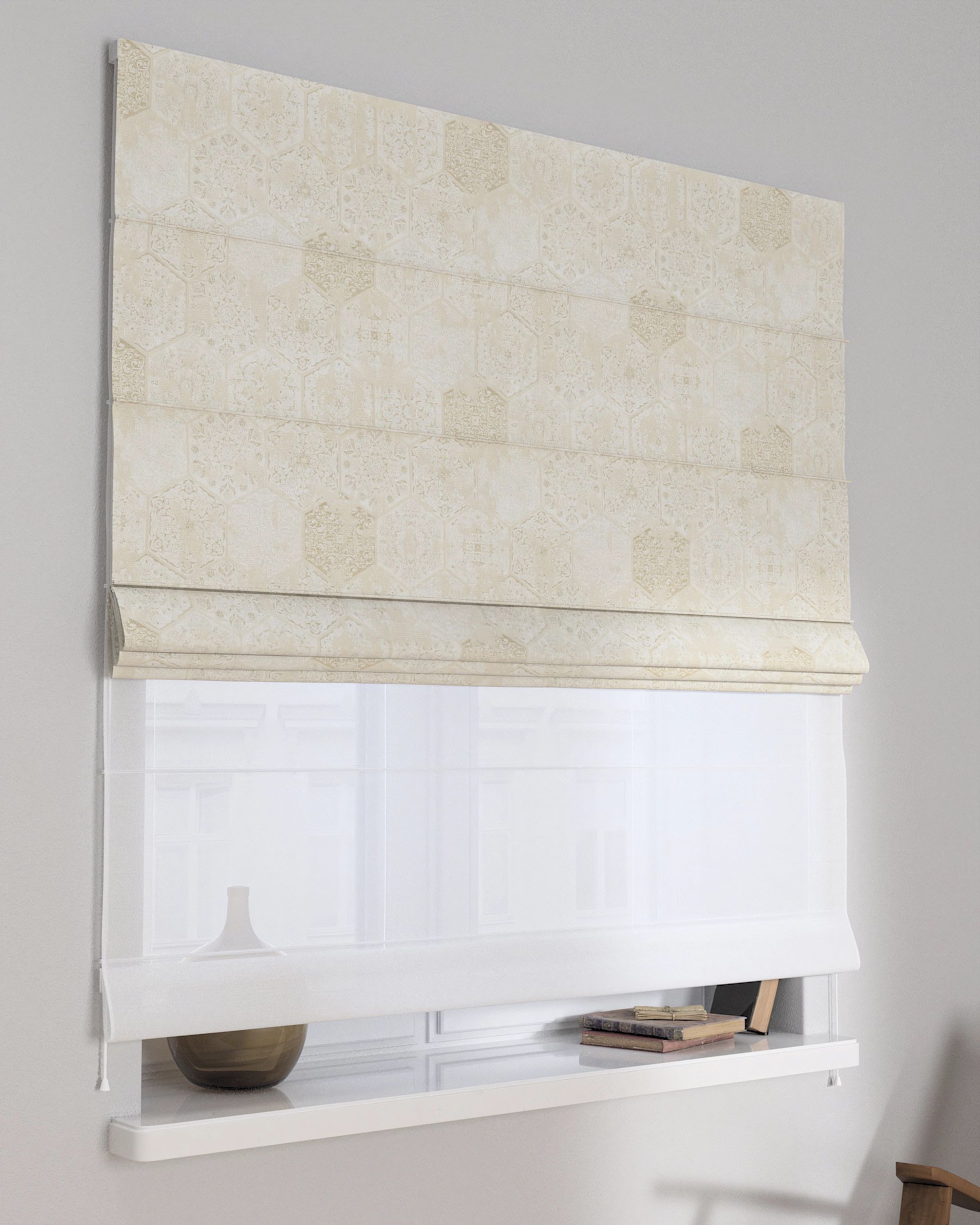 Double layered Roman blind DUO product colour grey fabric gloss, structured, patterned