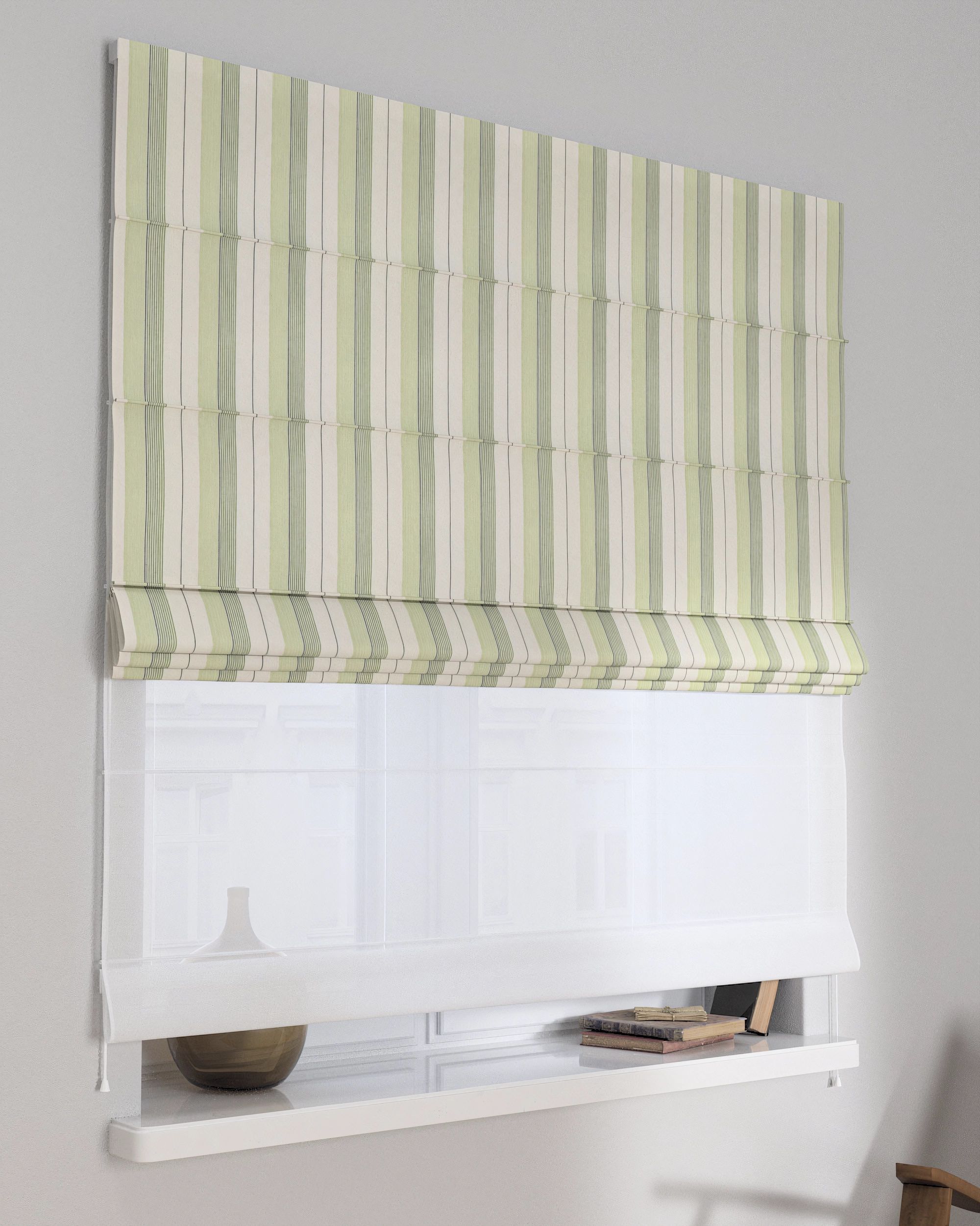 Double layered Roman blind DUO product colour green fabric structured, patterned
