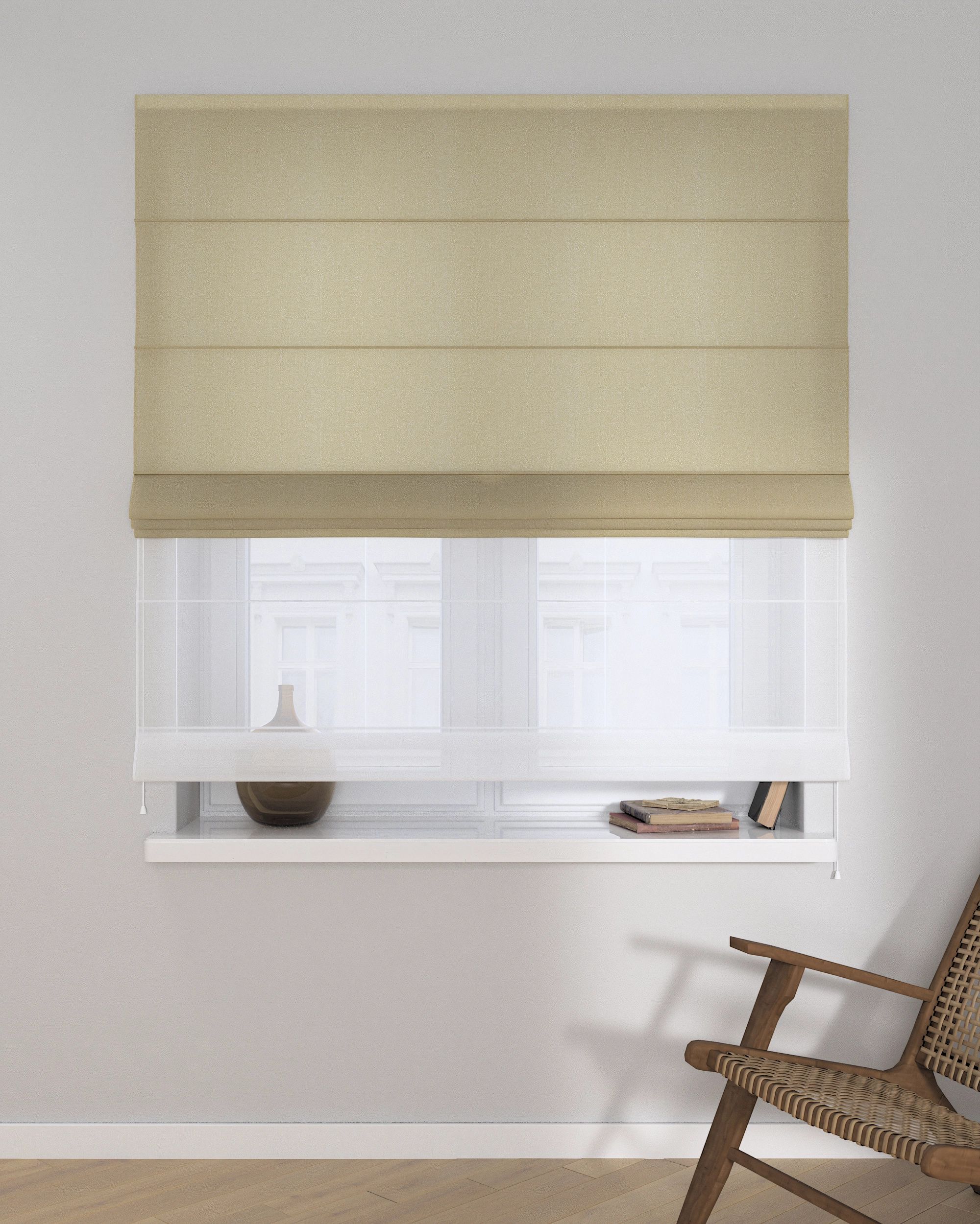 Double layered Roman blind DUO product colour beige fabric semi-sheer, gloss, structured