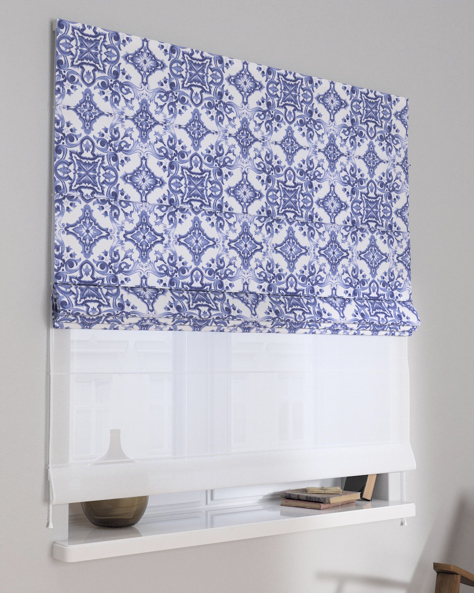 Double layered Roman blind DUO product colour blue fabric patterned