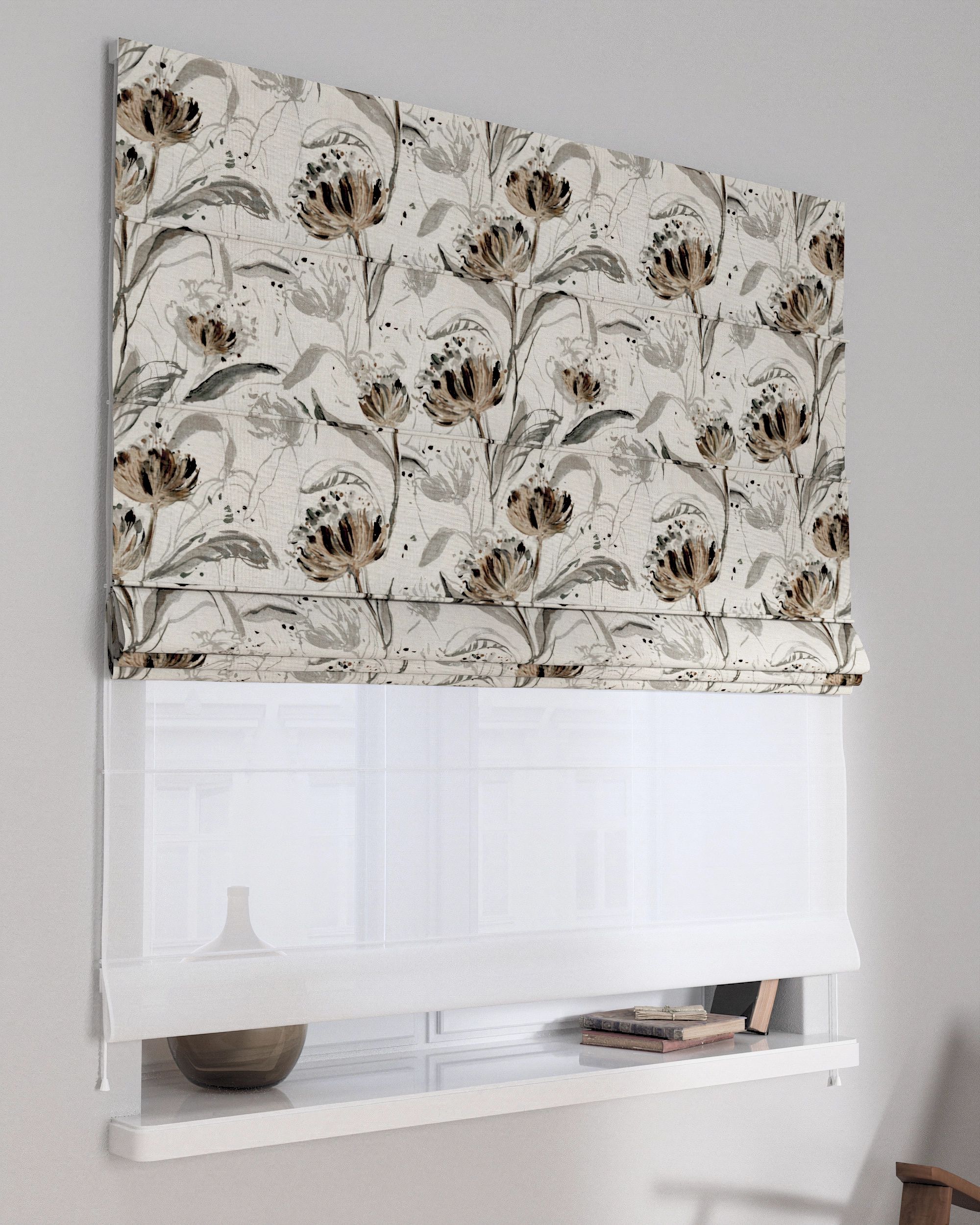 Double layered Roman blind DUO product colour grey fabric structured, patterned