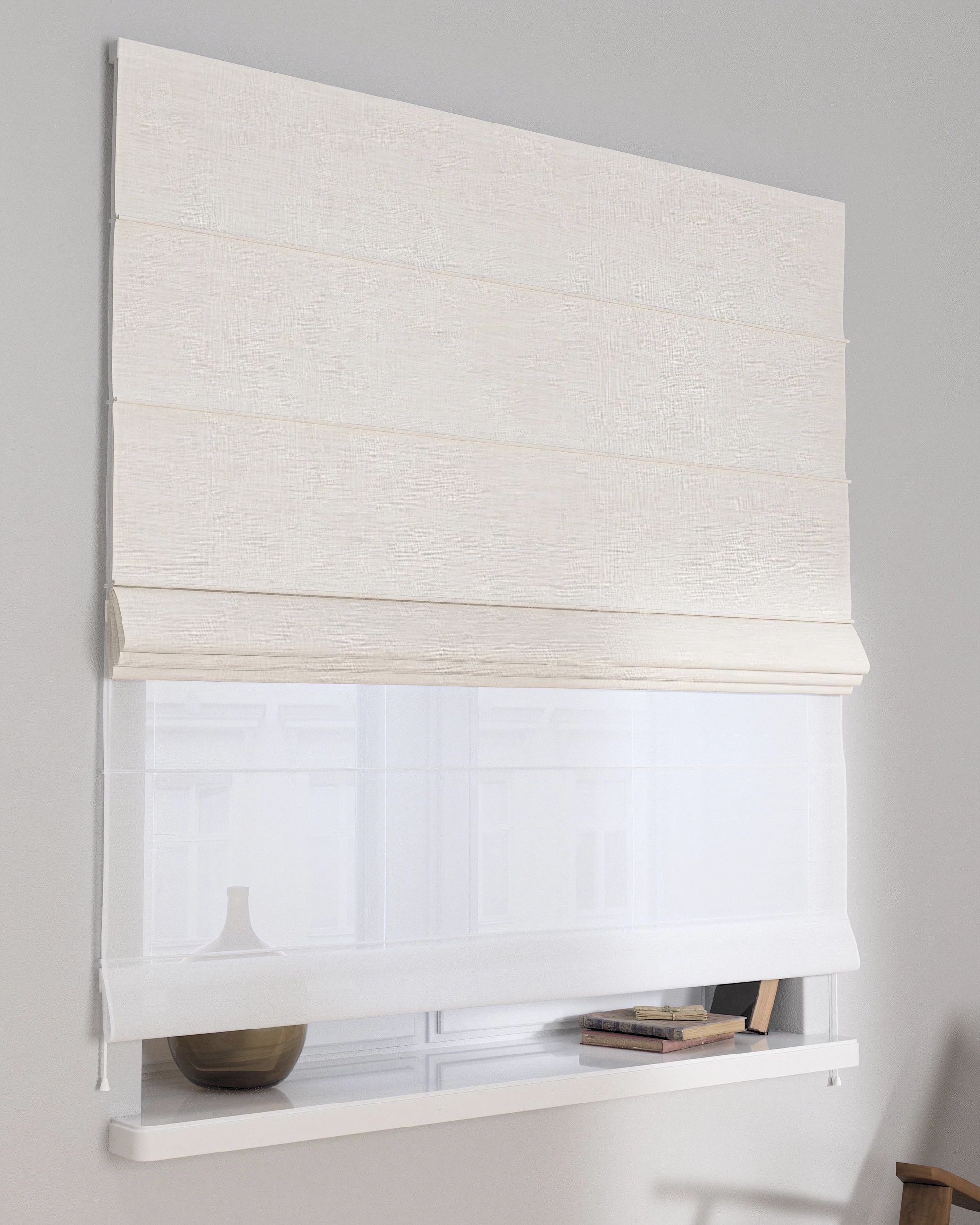 Double layered Roman blind DUO product colour white fabric structured