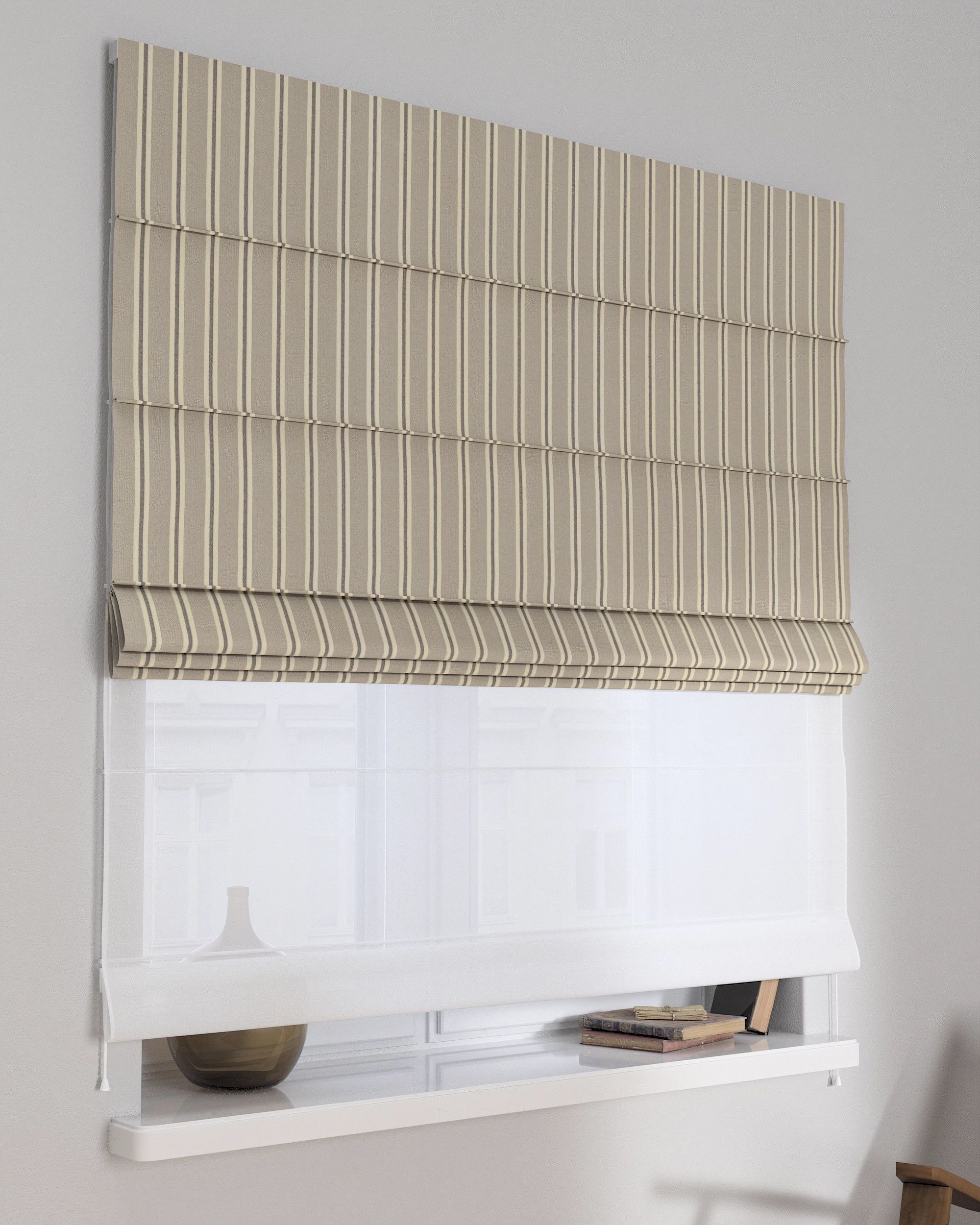 Double layered Roman blind DUO product colour beige fabric structured, patterned