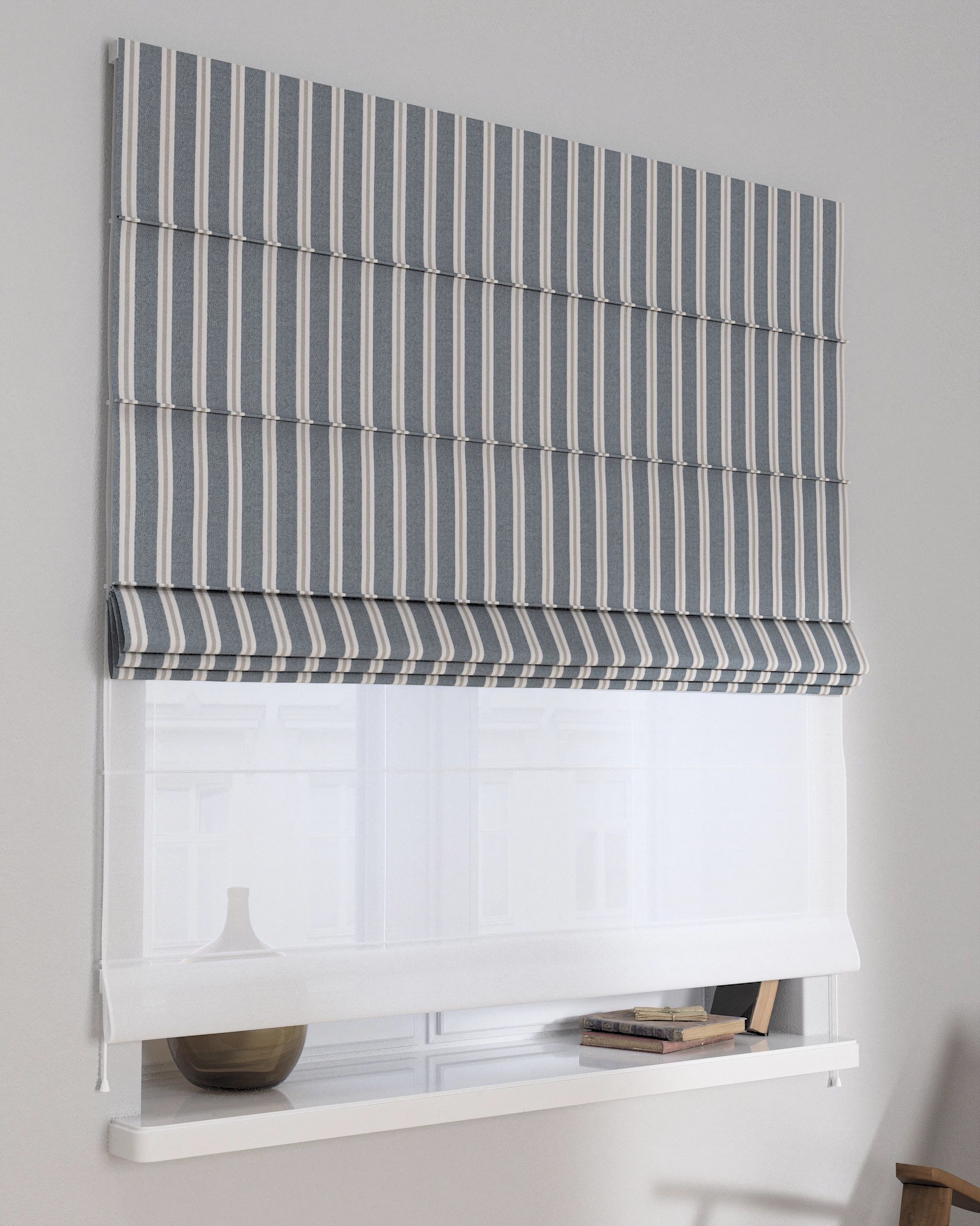 Double layered Roman blind DUO product colour blue fabric structured, patterned