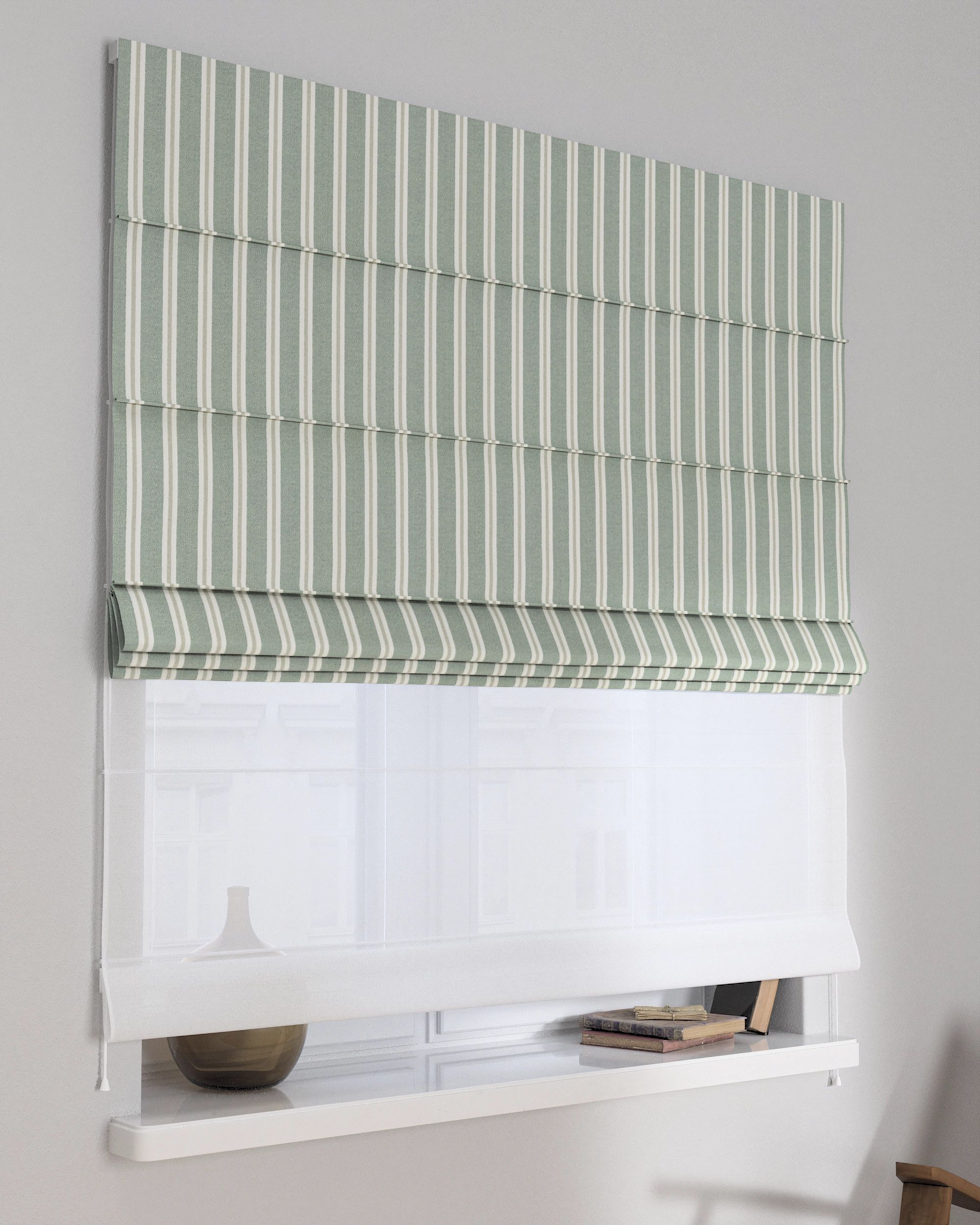 Double layered Roman blind DUO product colour green fabric structured, patterned