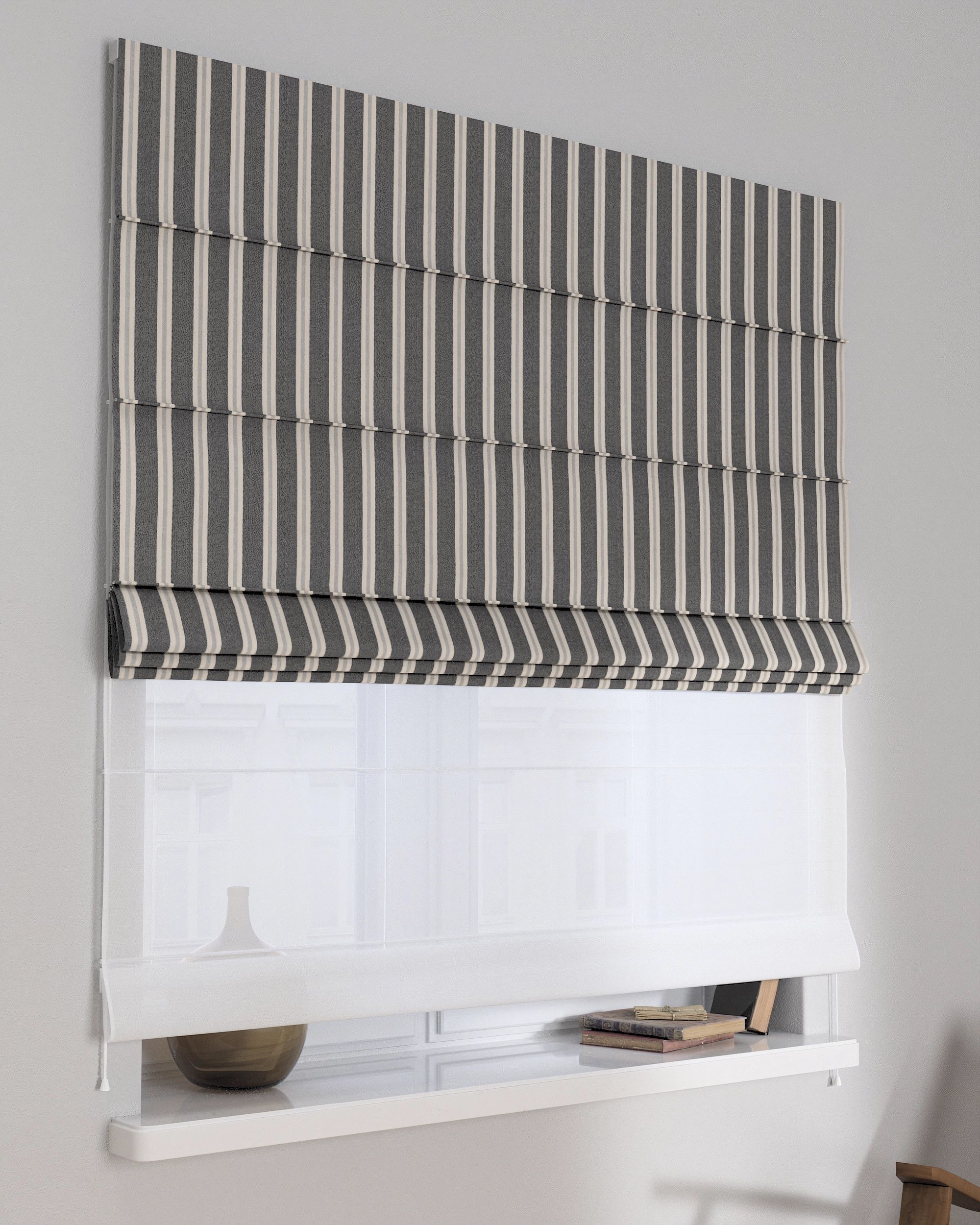 Double layered Roman blind DUO product colour black fabric structured, patterned