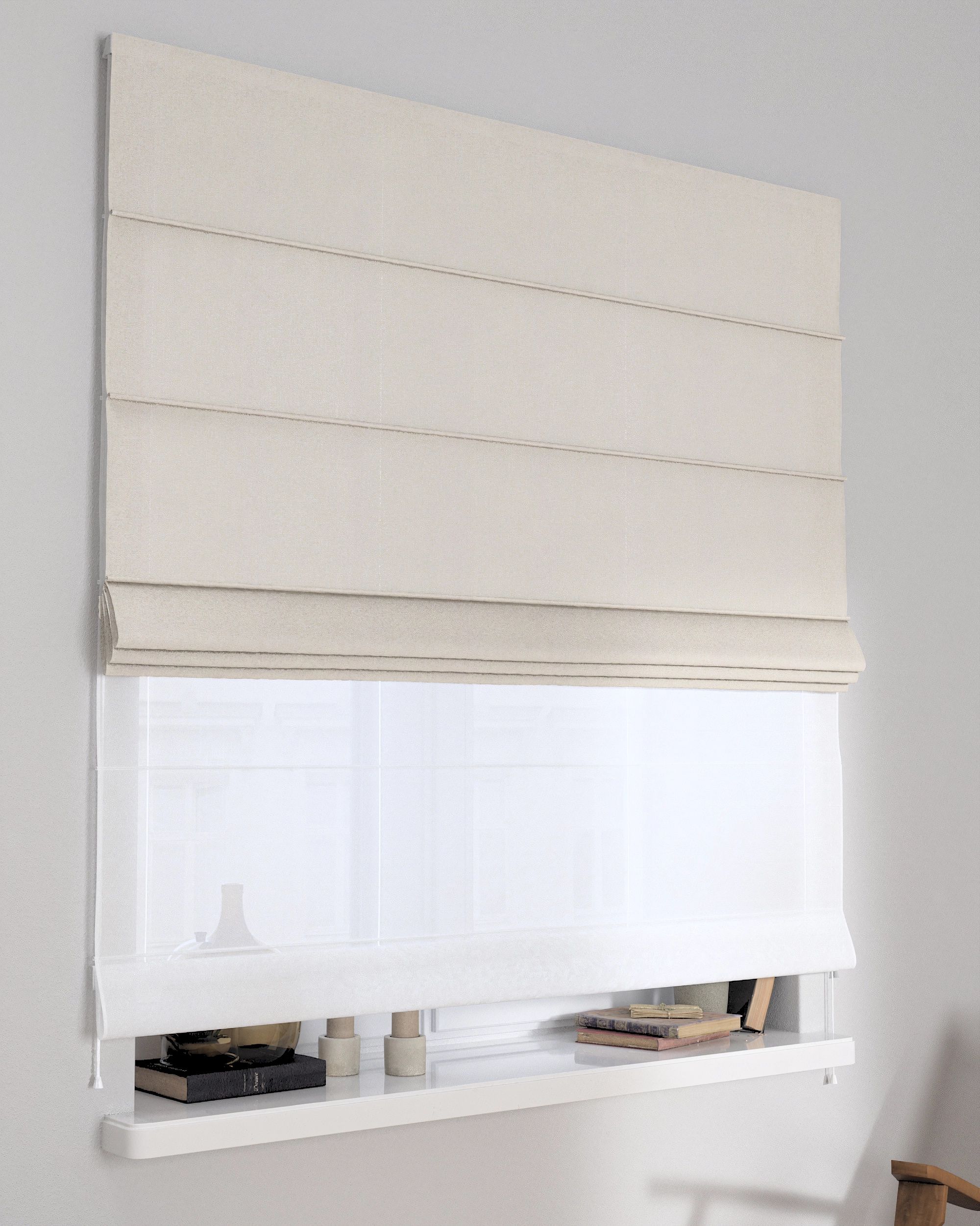 Double layered Roman blind DUO product colour white fabric structured