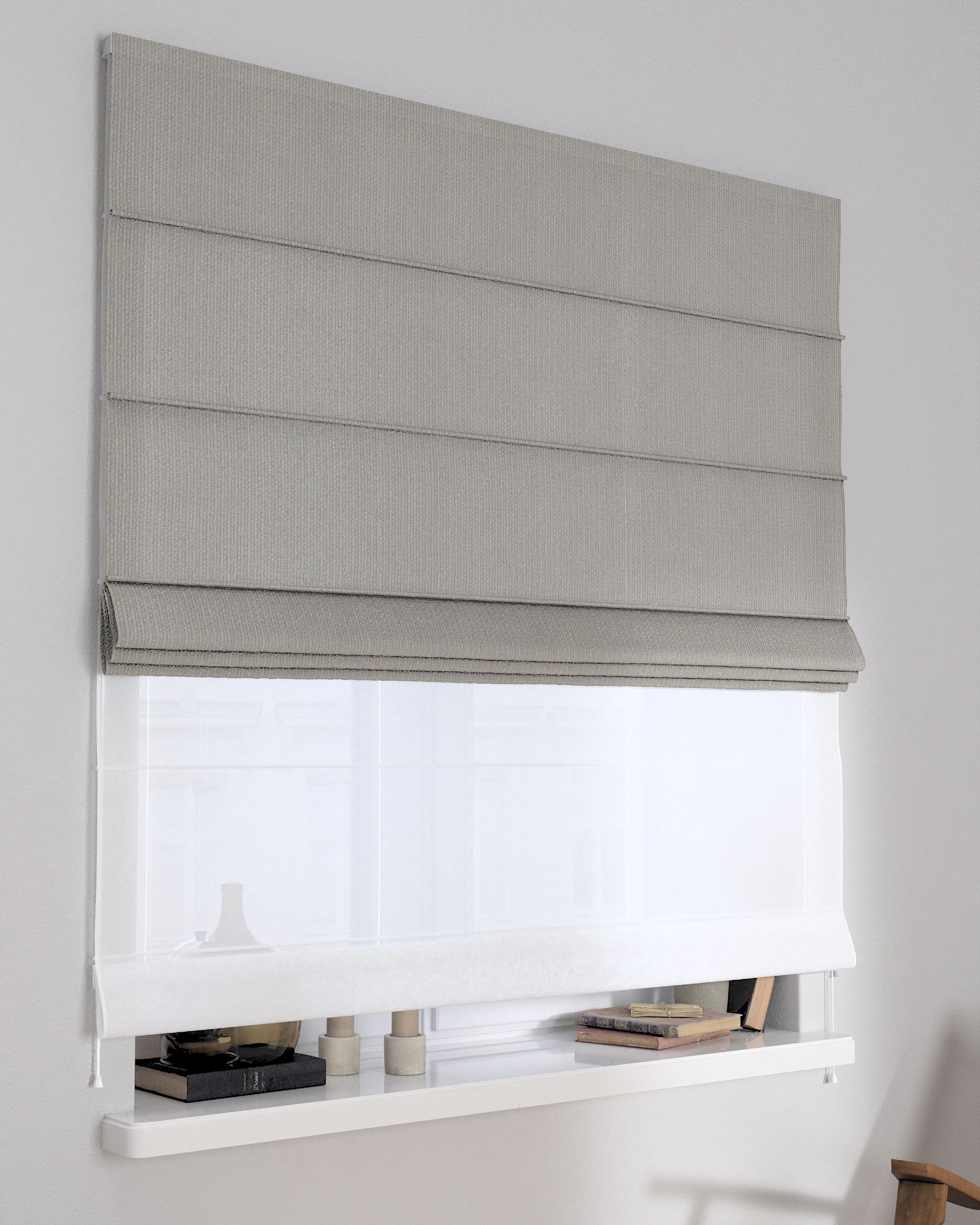 Double layered Roman blind DUO product colour grey fabric structured