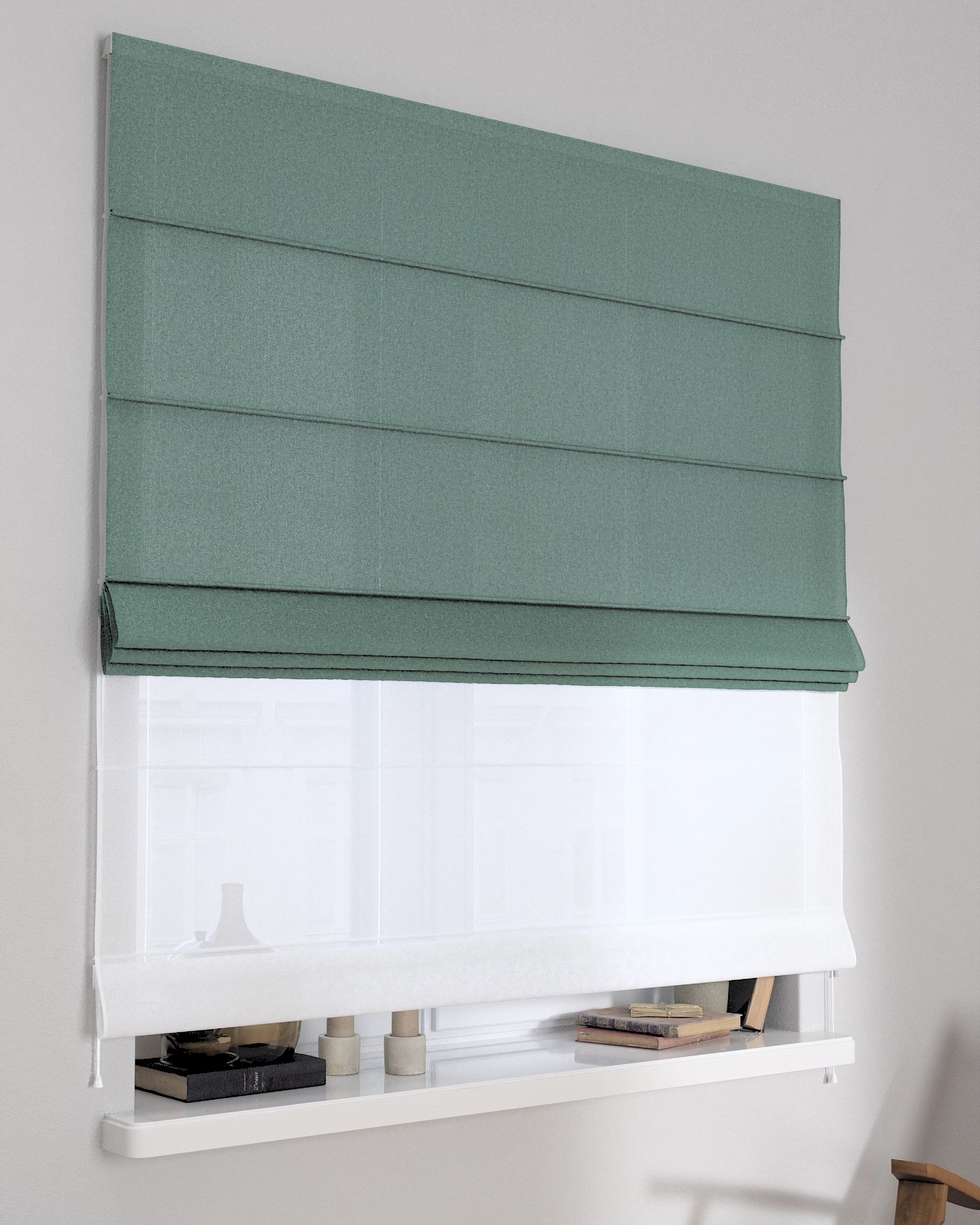 Double layered Roman blind DUO product colour green fabric structured
