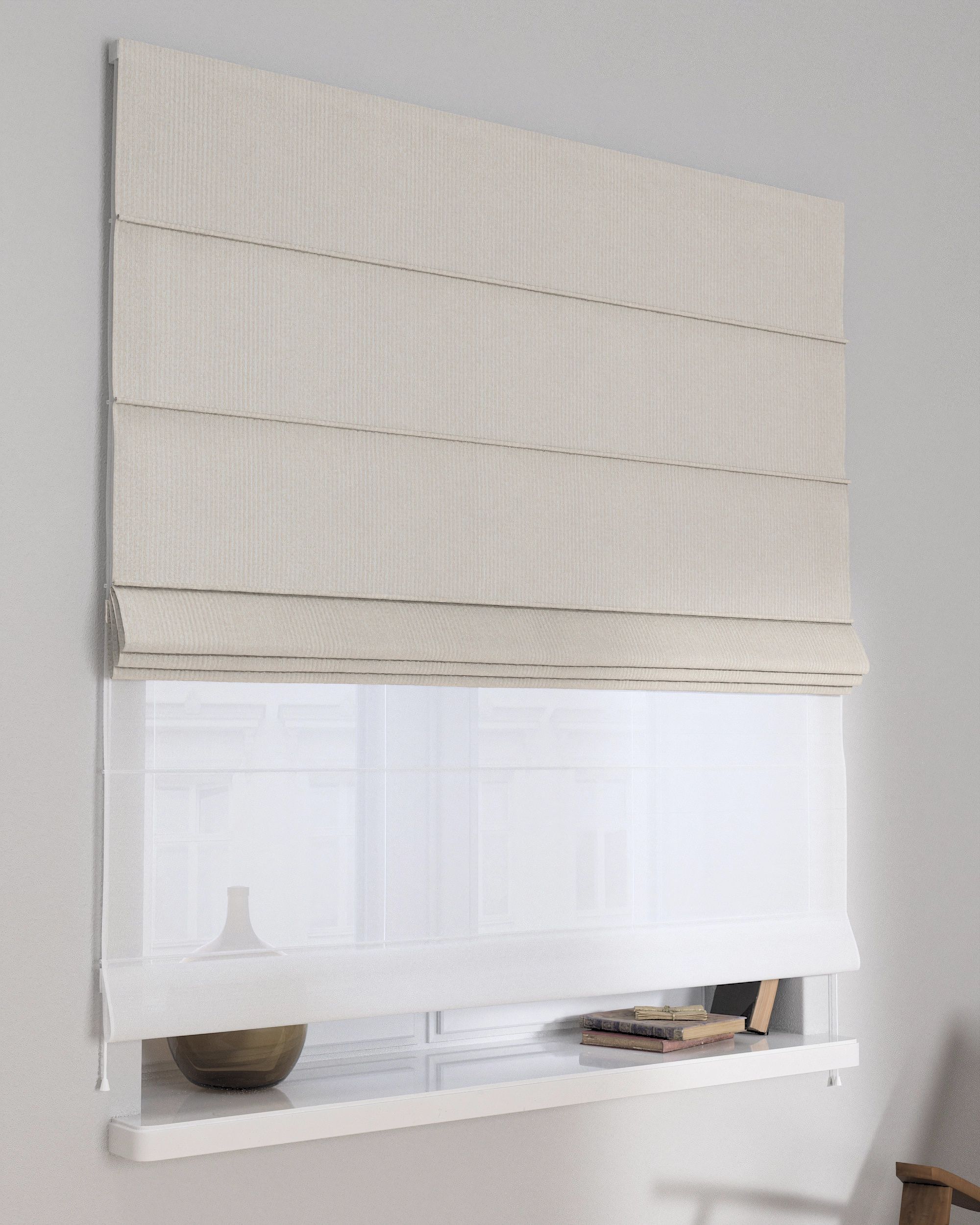 Double layered Roman blind DUO product colour white fabric structured