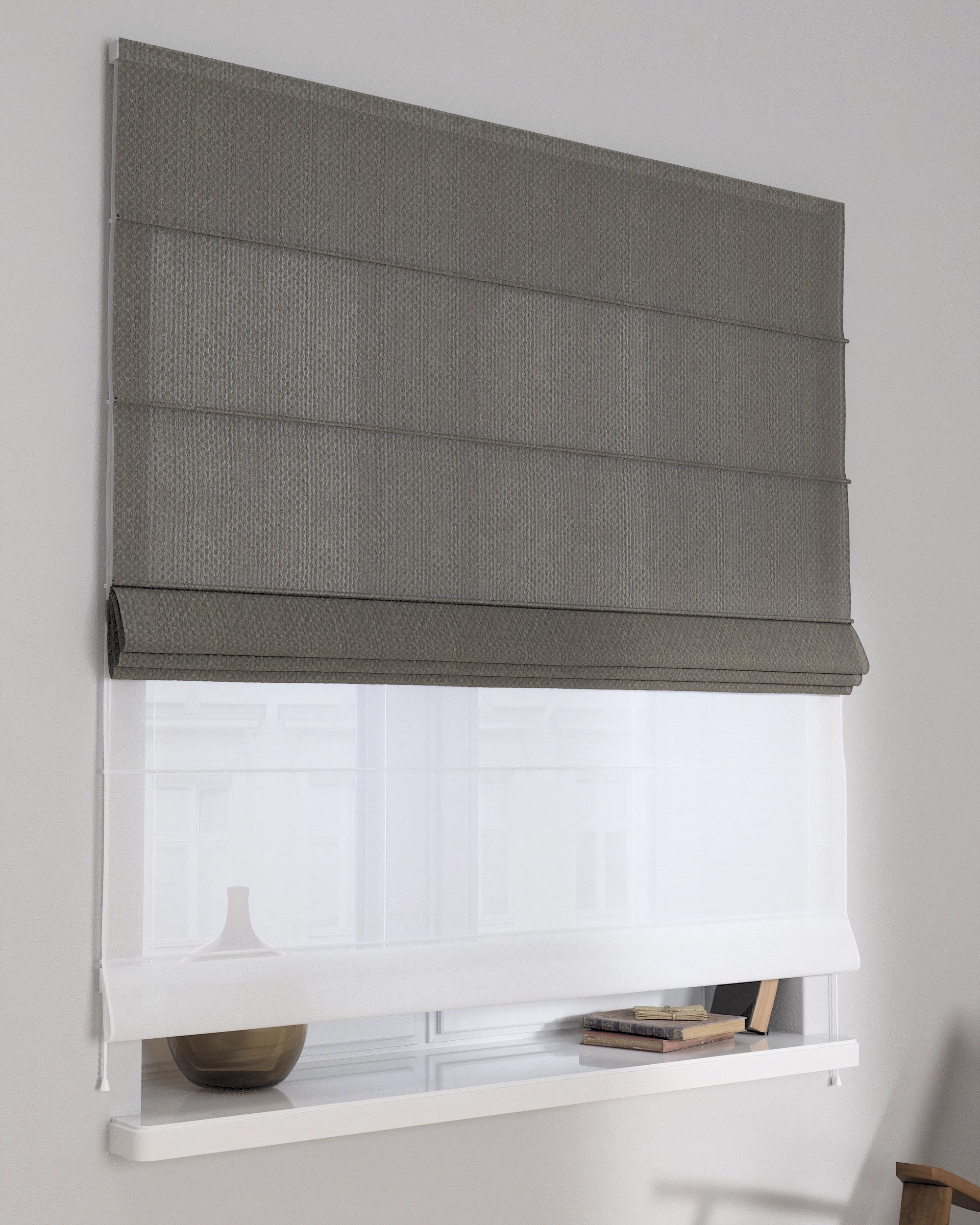 Double layered Roman blind DUO product colour grey fabric structured