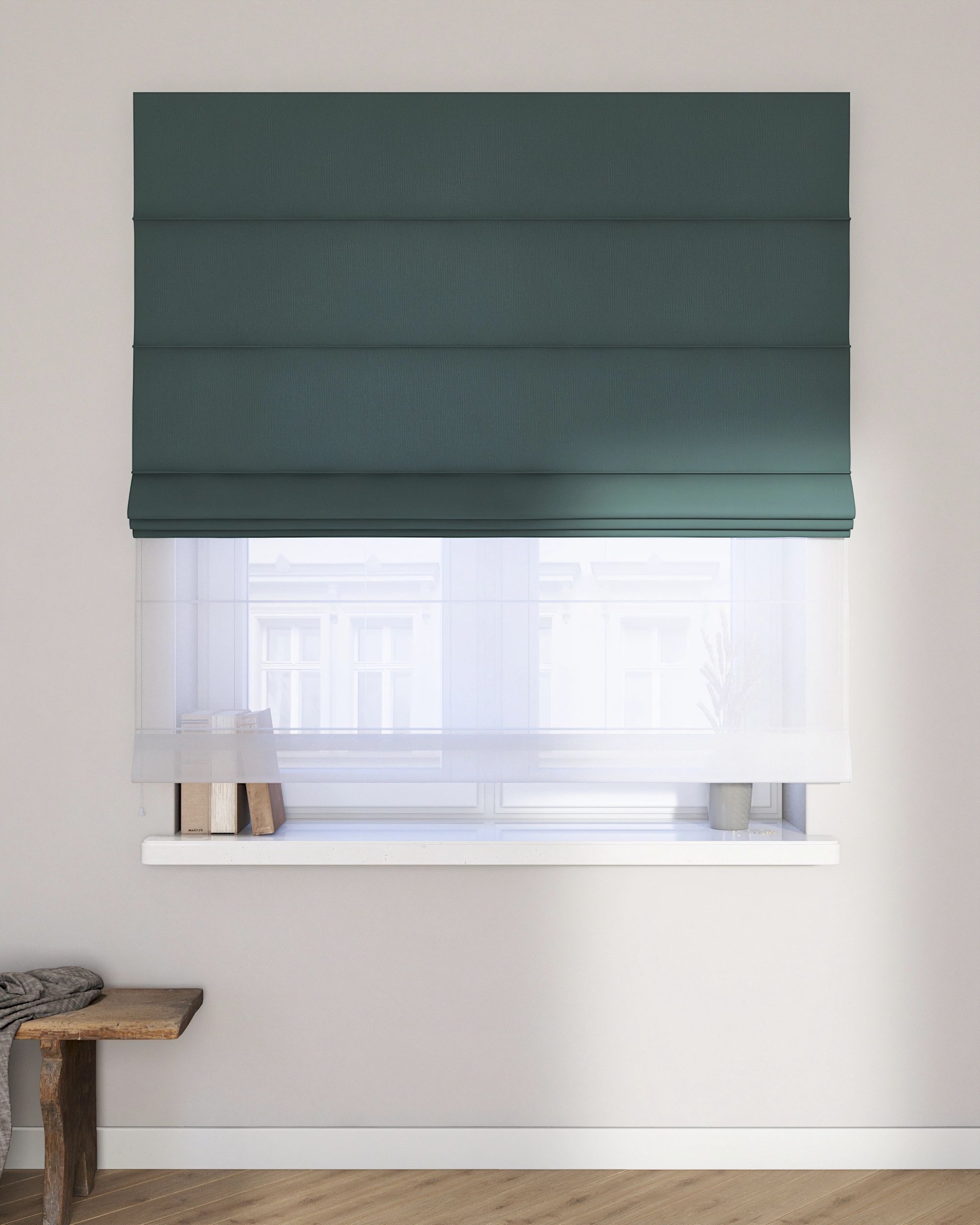 Double layered Roman blind DUO product colour green fabric semi-sheer, structured (hover)