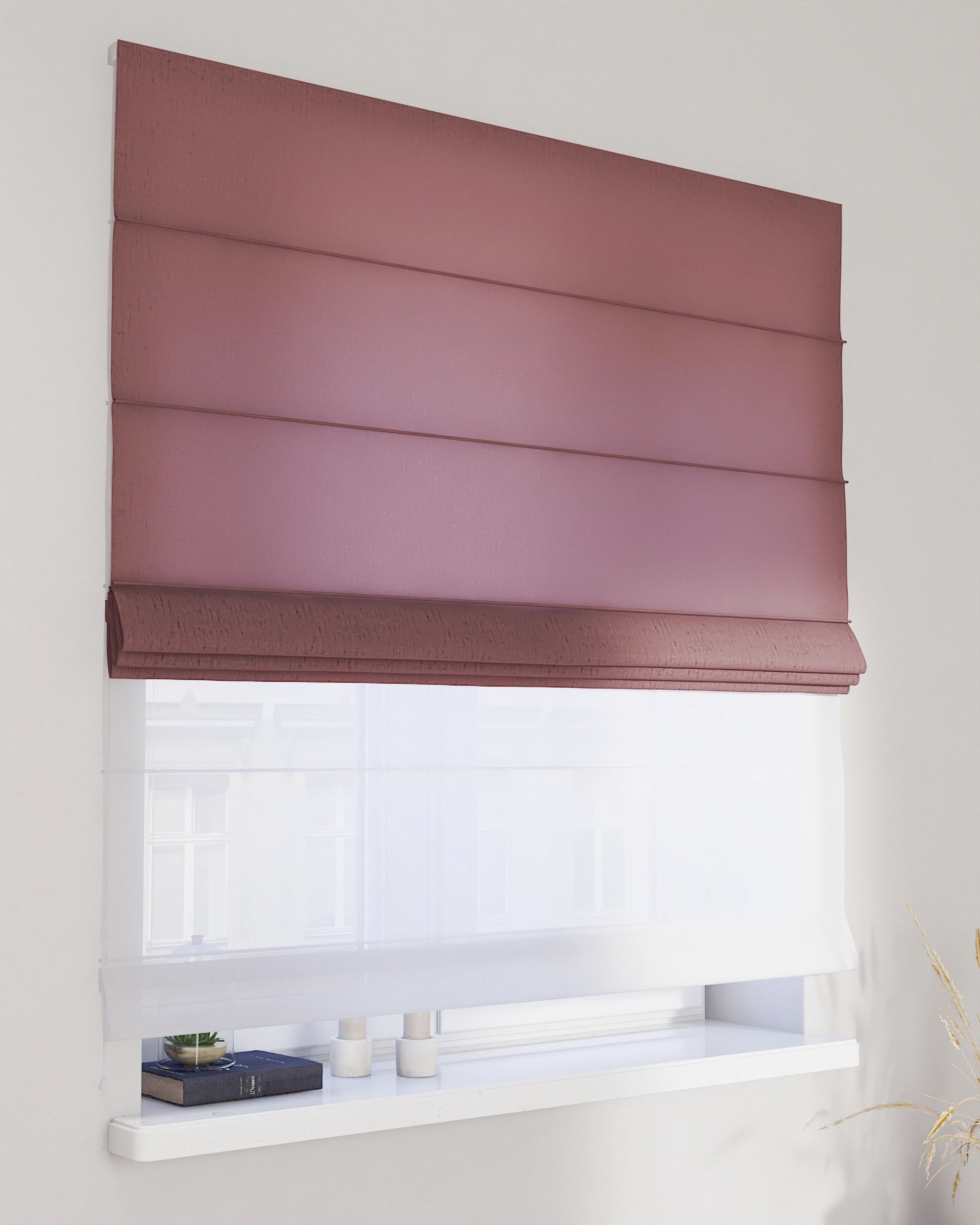 Double layered Roman blind DUO product colour pink fabric semi-sheer, structured