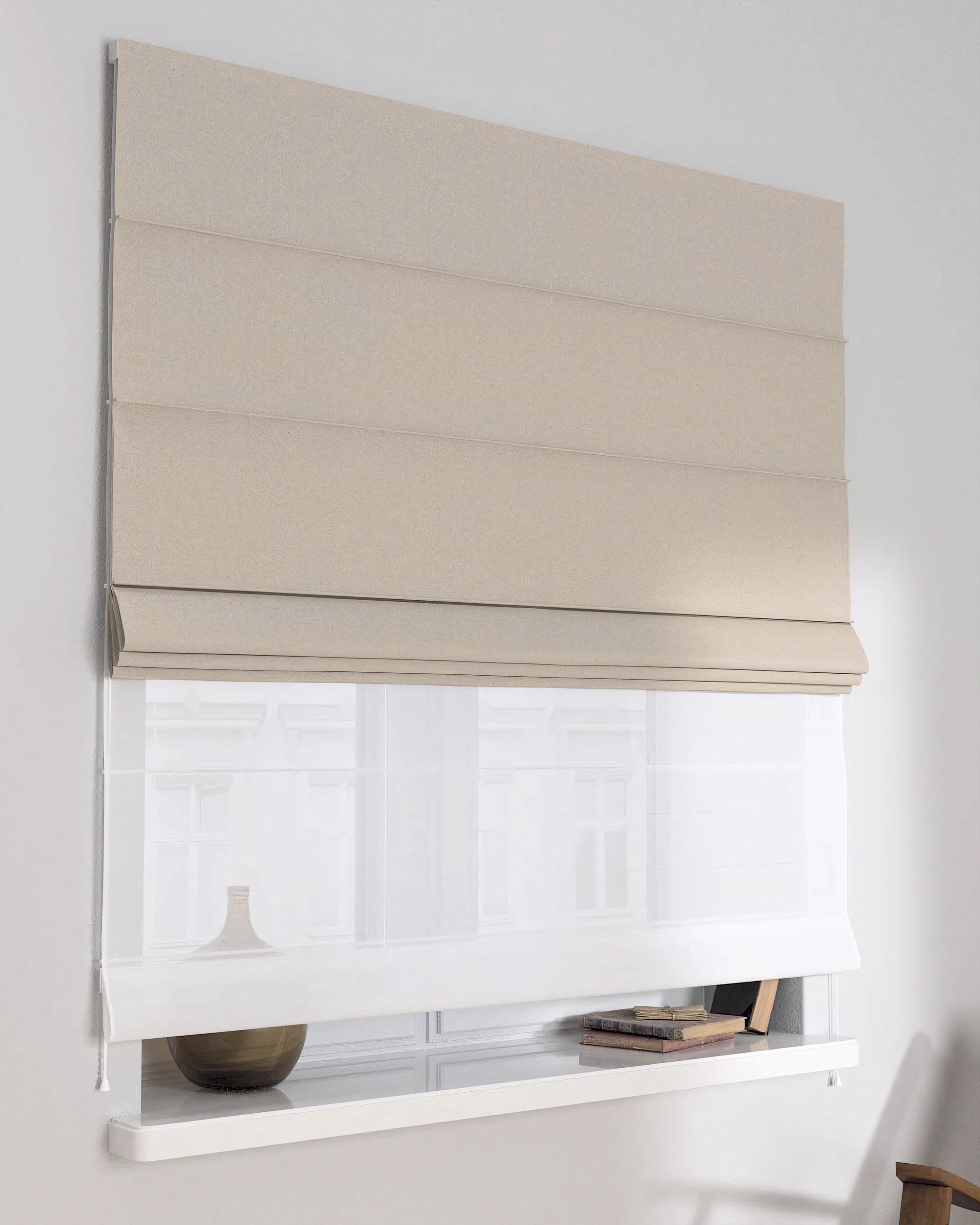Double layered Roman blind DUO product colour beige fabric structured