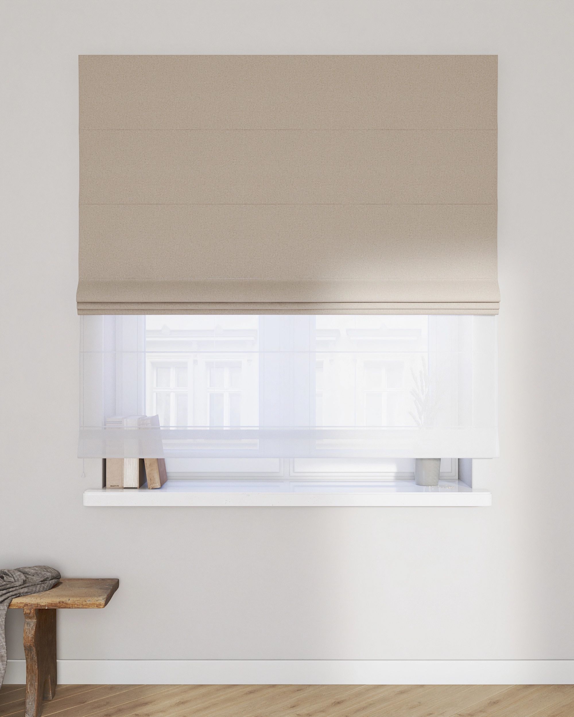 Double layered Roman blind DUO product colour beige fabric structured, blackout (hover)