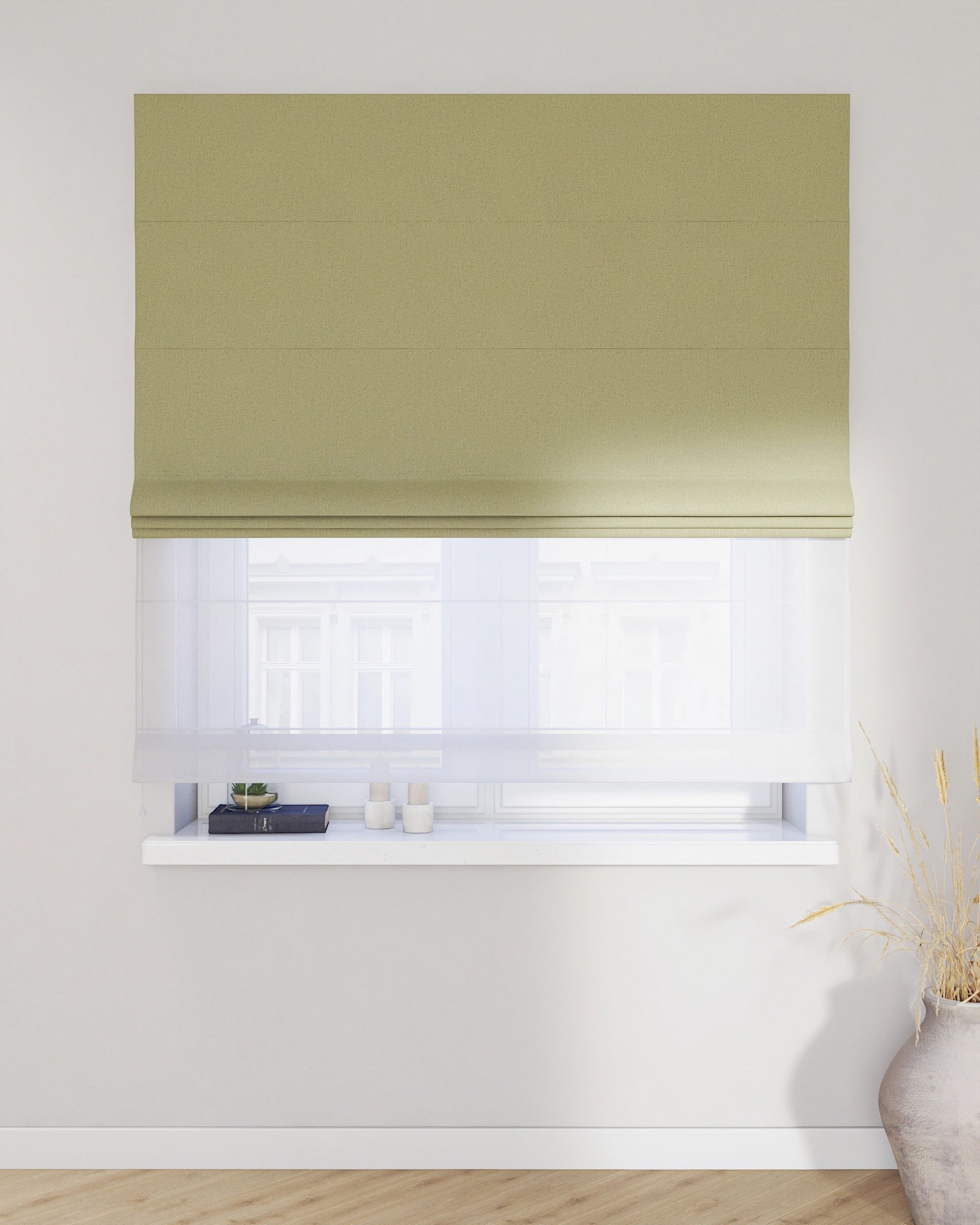 Double layered Roman blind DUO product colour green fabric structured, blackout (hover)
