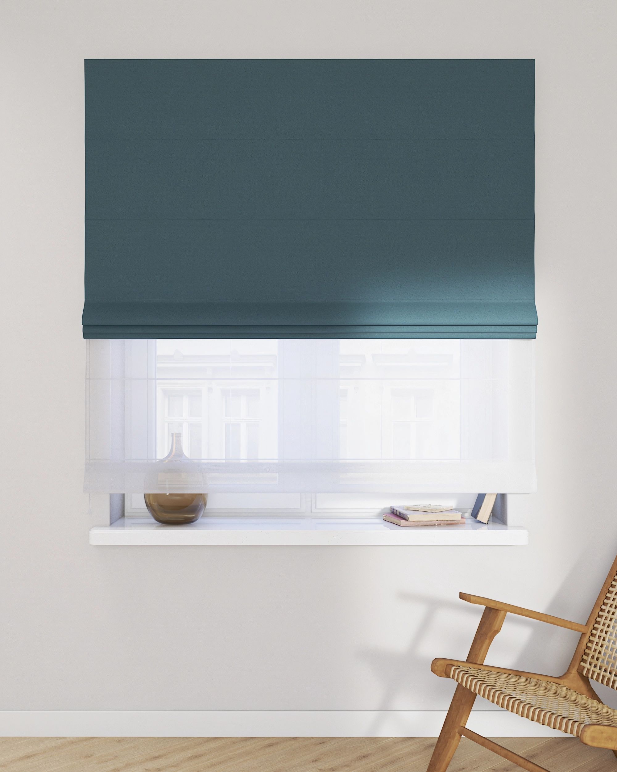 Double layered Roman blind DUO product colour blue fabric structured, blackout (hover)