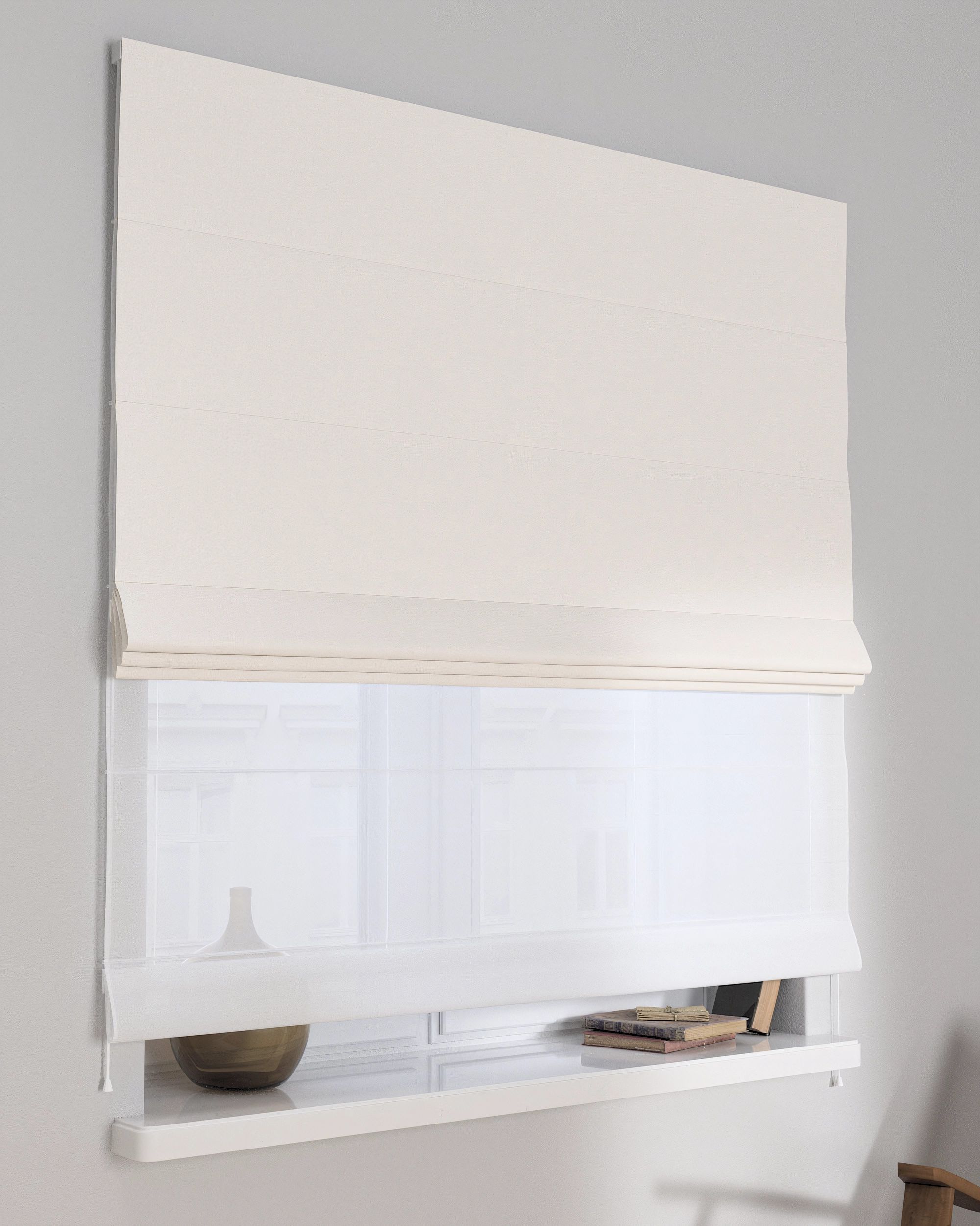Double layered Roman blind DUO product colour white fabric structured, blackout