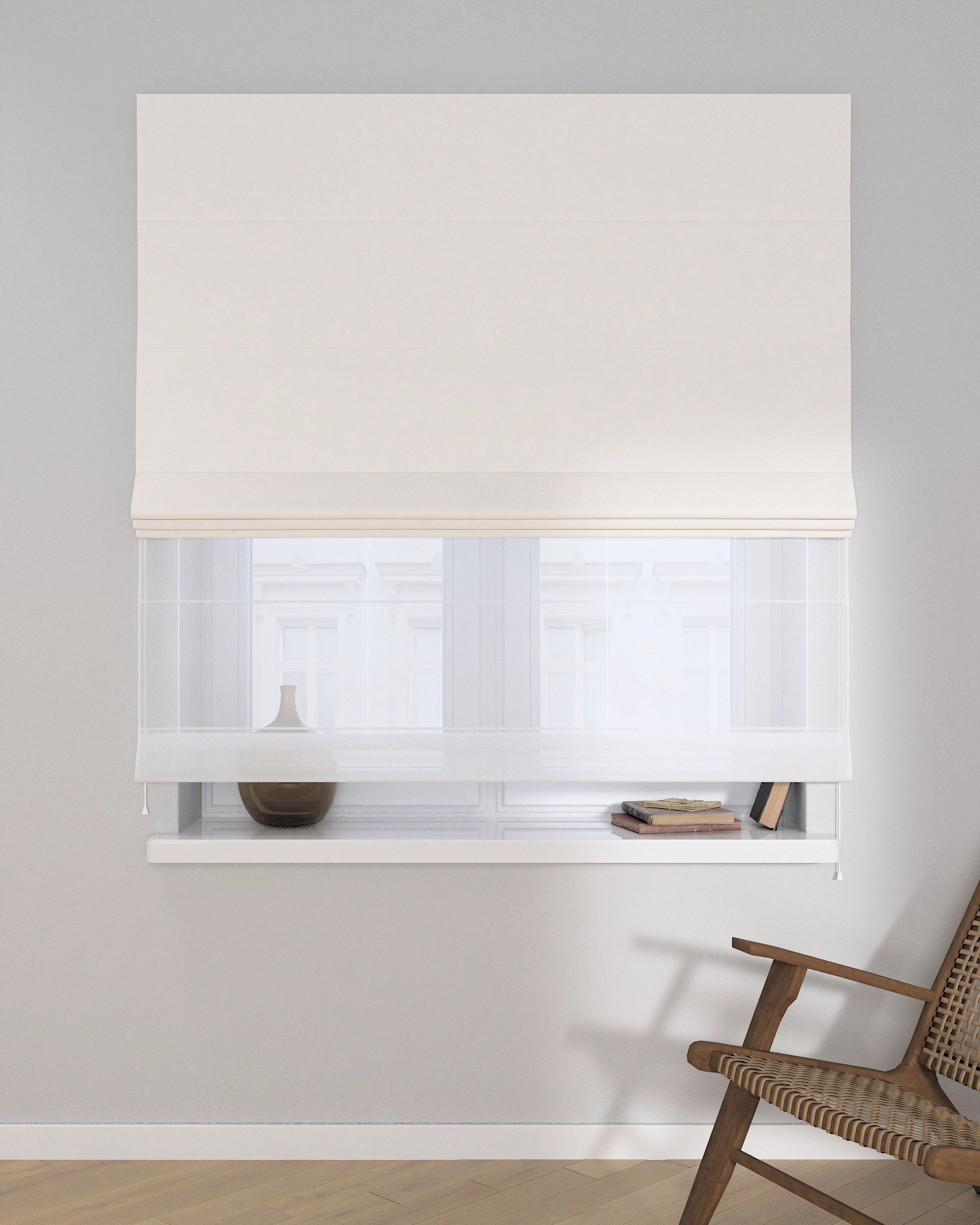 Double layered Roman blind DUO product colour white fabric structured, blackout (hover)
