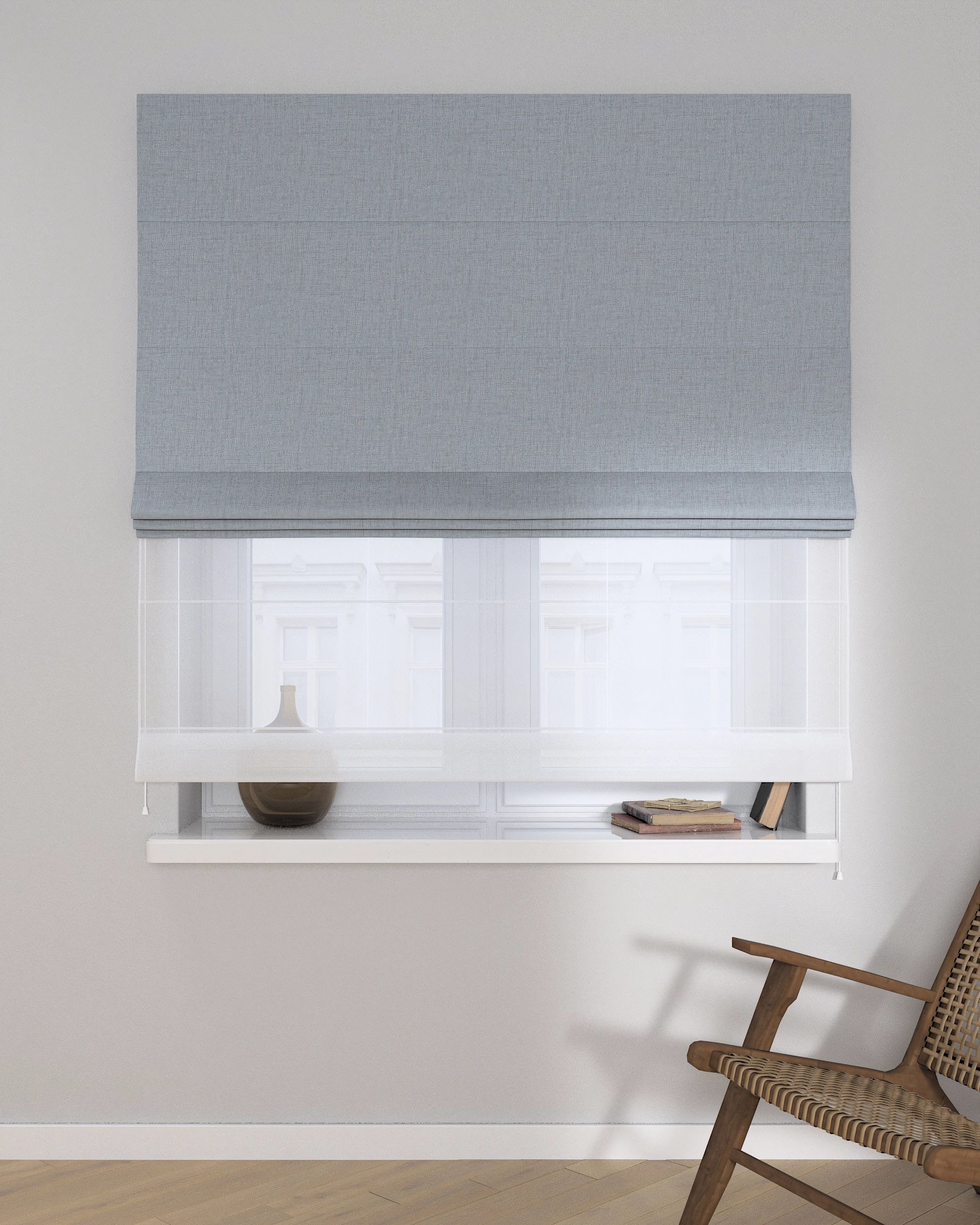 Double layered Roman blind DUO product colour blue fabric structured, blackout (hover)