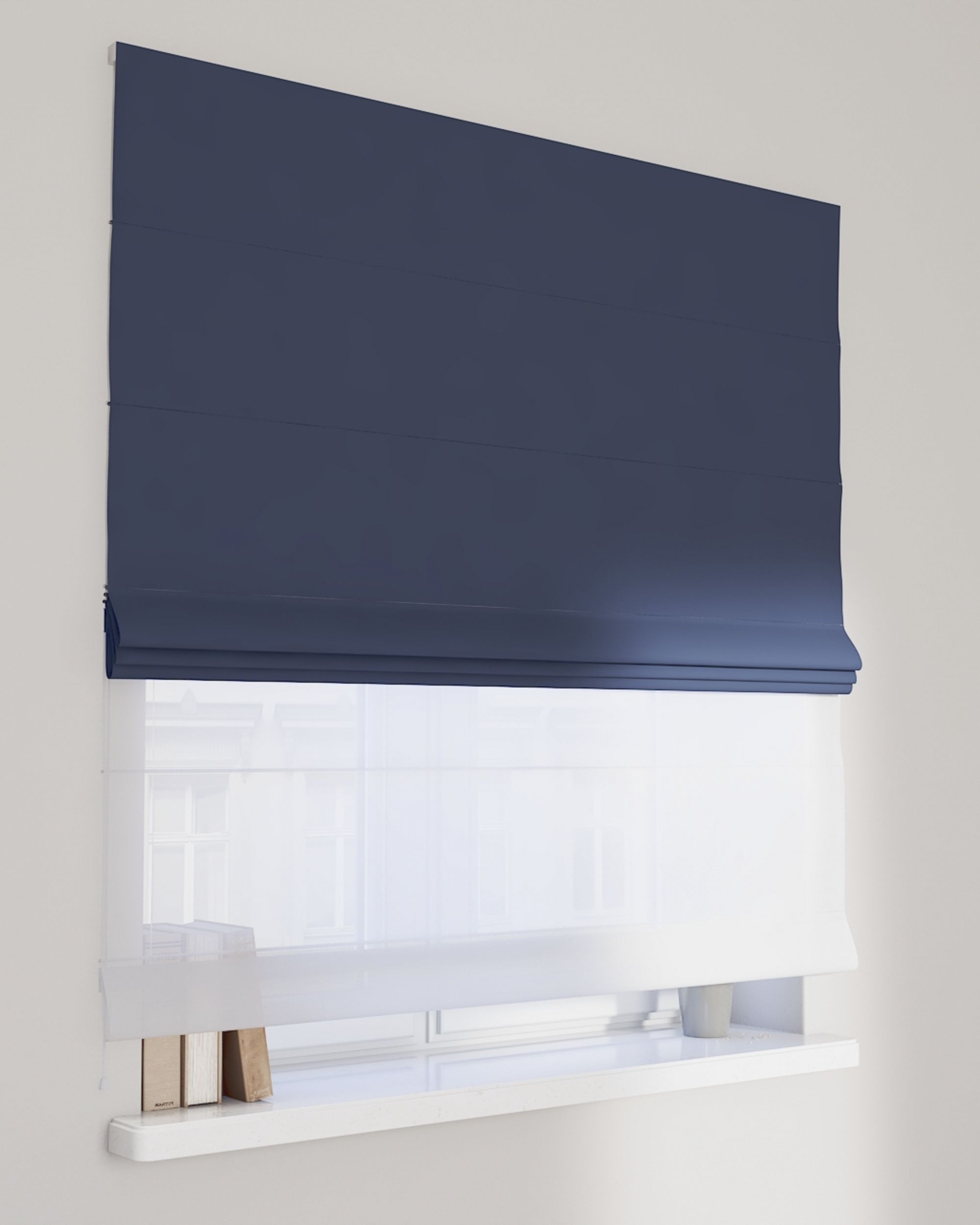Double layered Roman blind DUO product colour navy blue fabric blackout