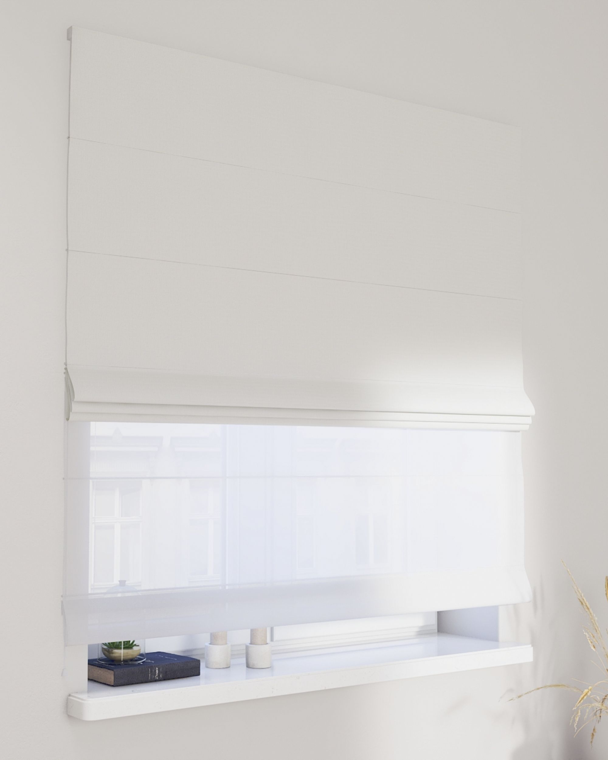 Double layered Roman blind DUO product colour white fabric structured, blackout