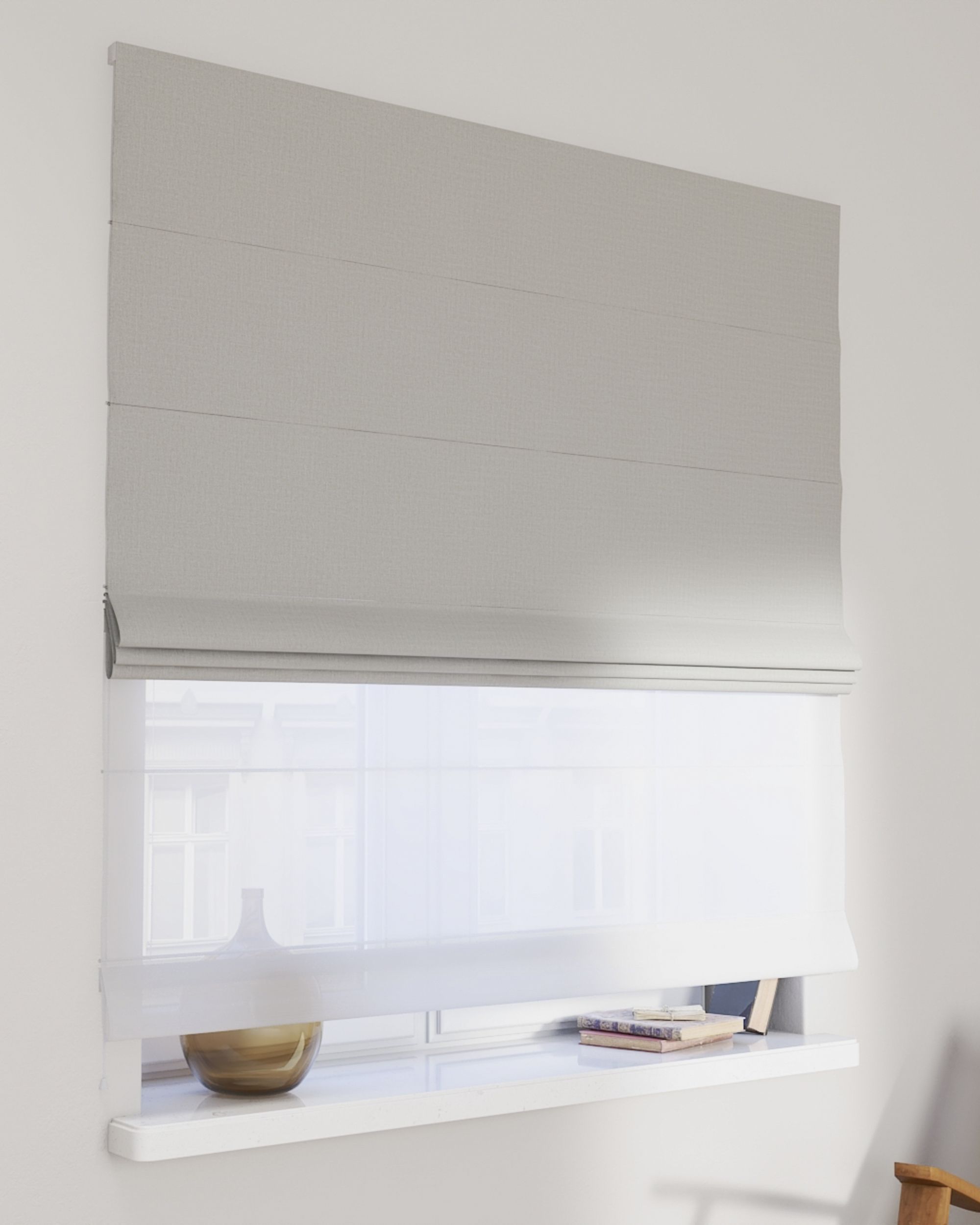 Double layered Roman blind DUO product colour grey fabric structured, blackout