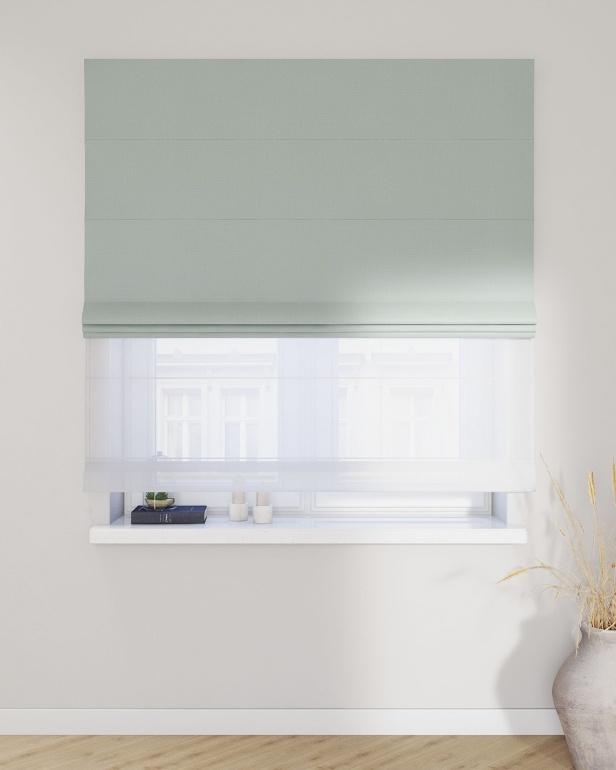 Double layered Roman blind DUO product colour green fabric structured, blackout (hover)