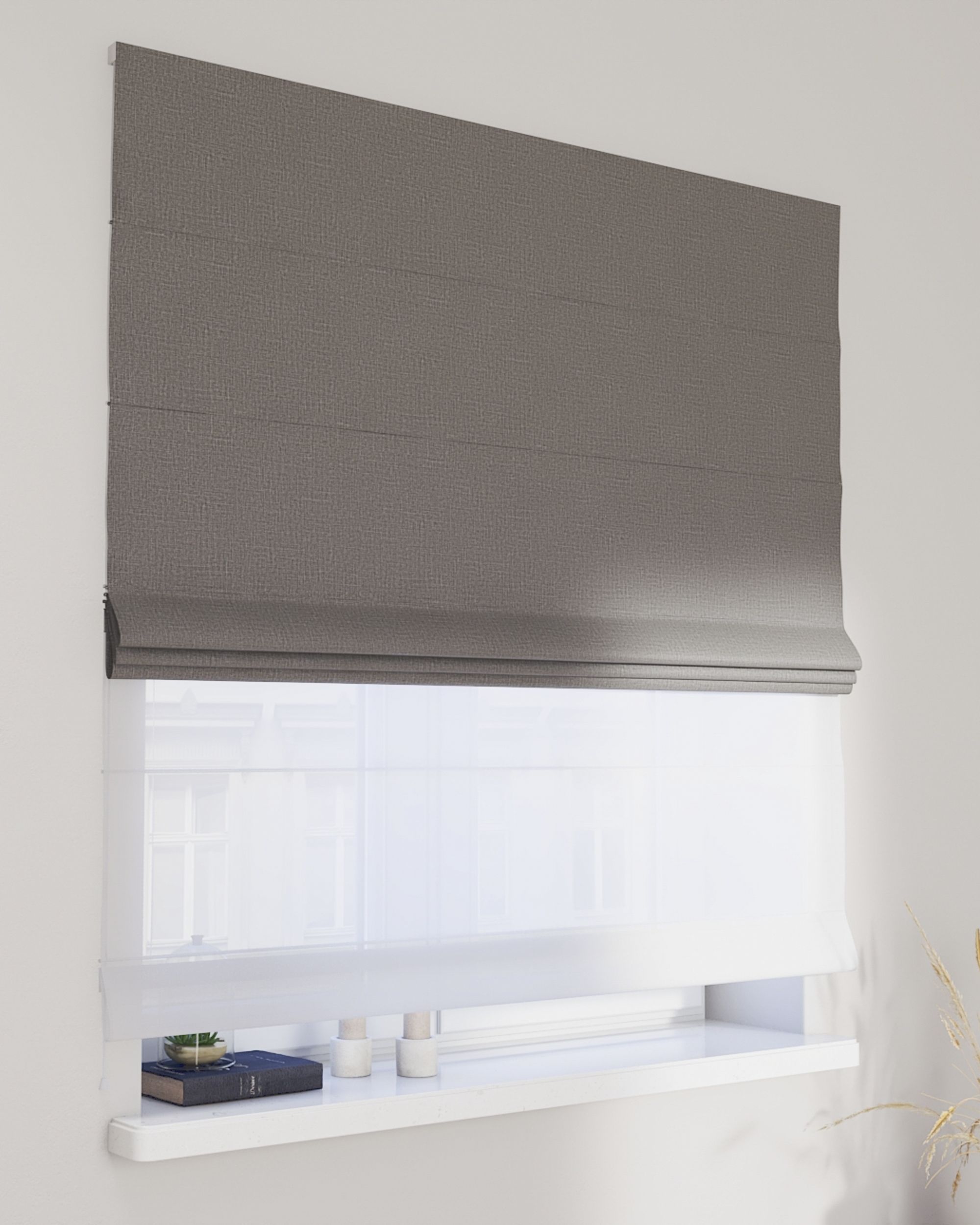 Double layered Roman blind DUO product colour grey fabric structured, blackout