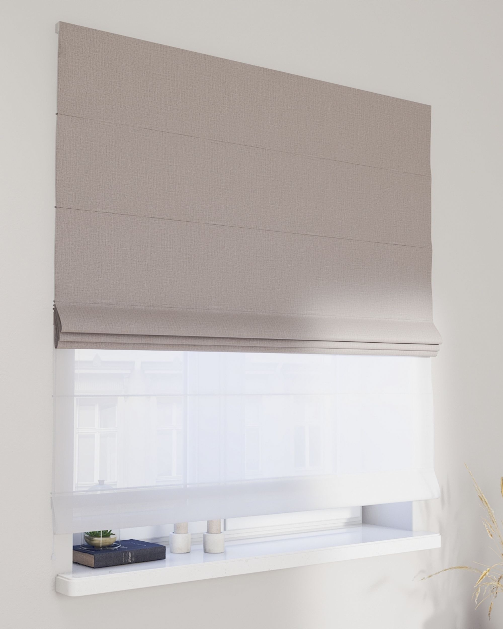 Double layered Roman blind DUO product colour grey fabric structured, blackout