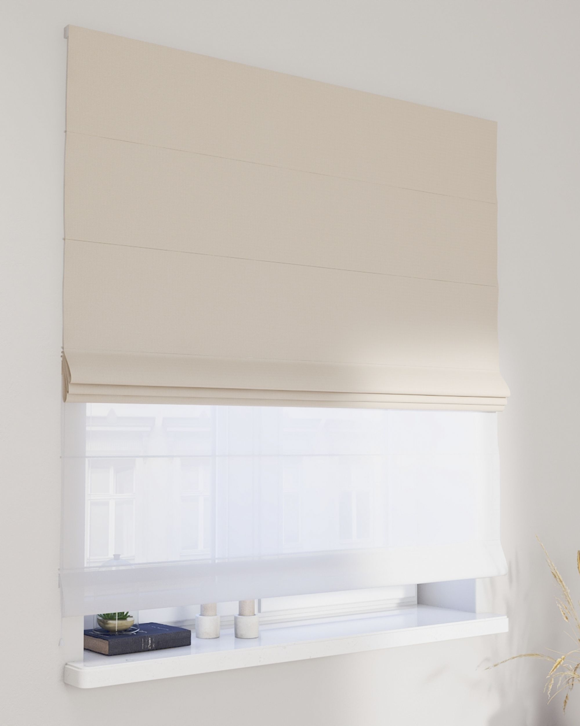 Double layered Roman blind DUO product colour cream fabric structured, blackout