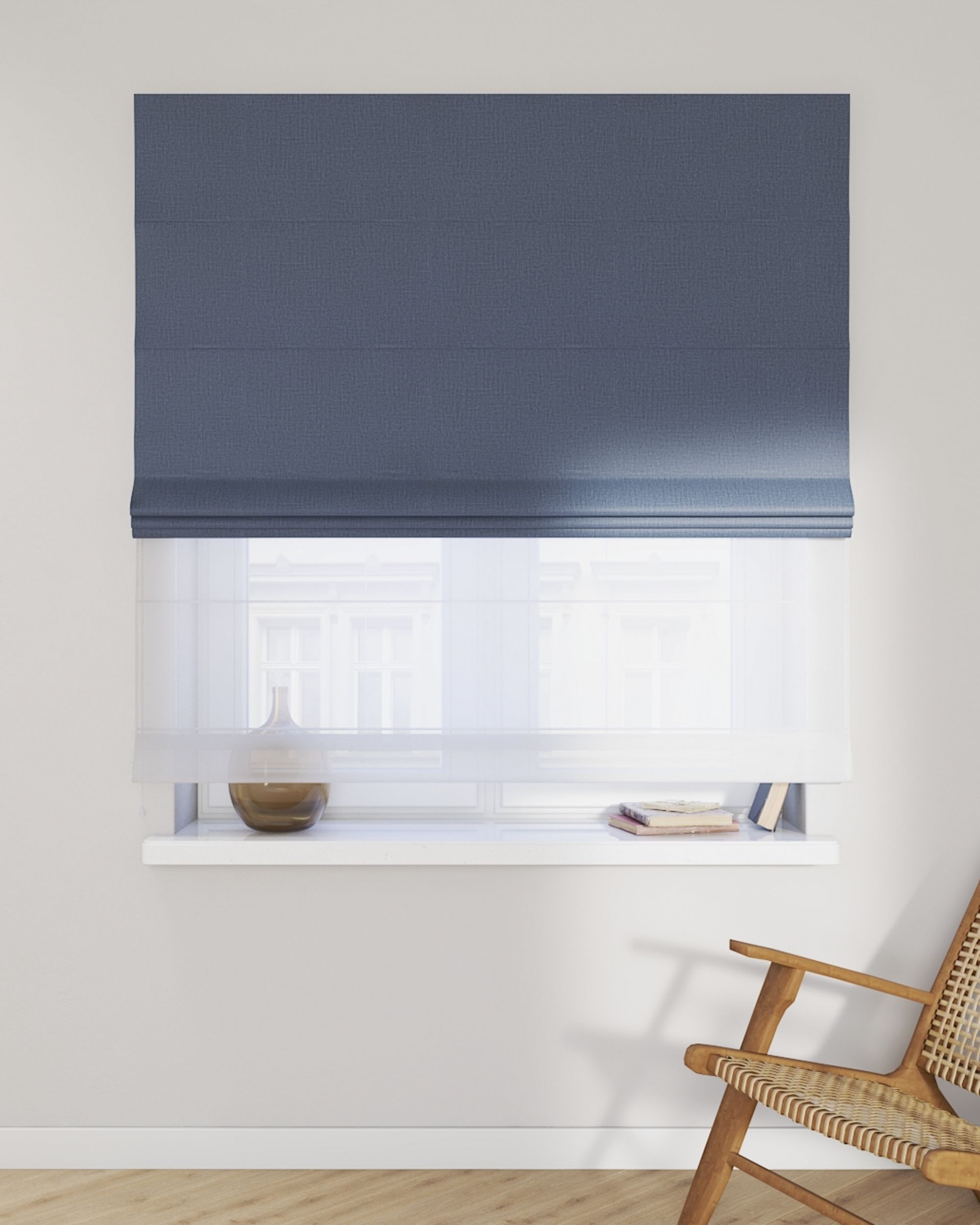 Double layered Roman blind DUO product colour blue fabric structured, blackout (hover)