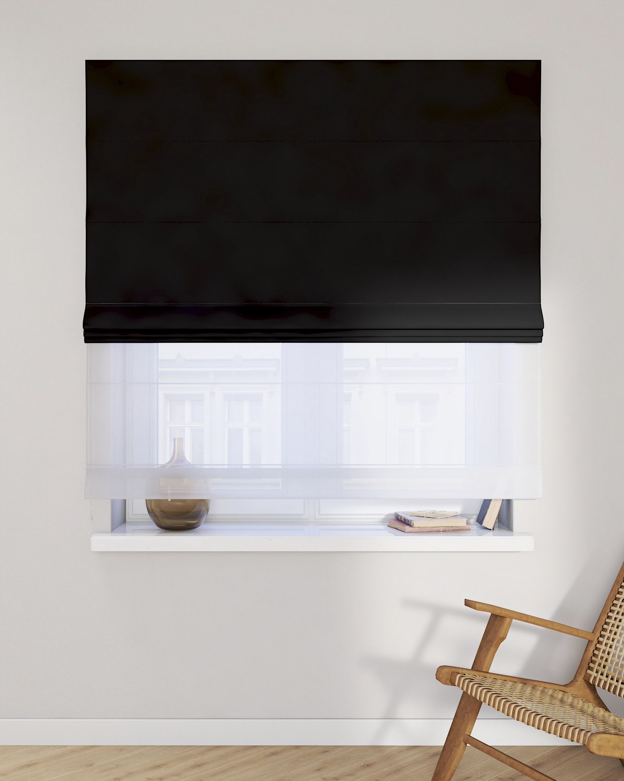 Double layered Roman blind DUO product colour black fabric structured, blackout (hover)