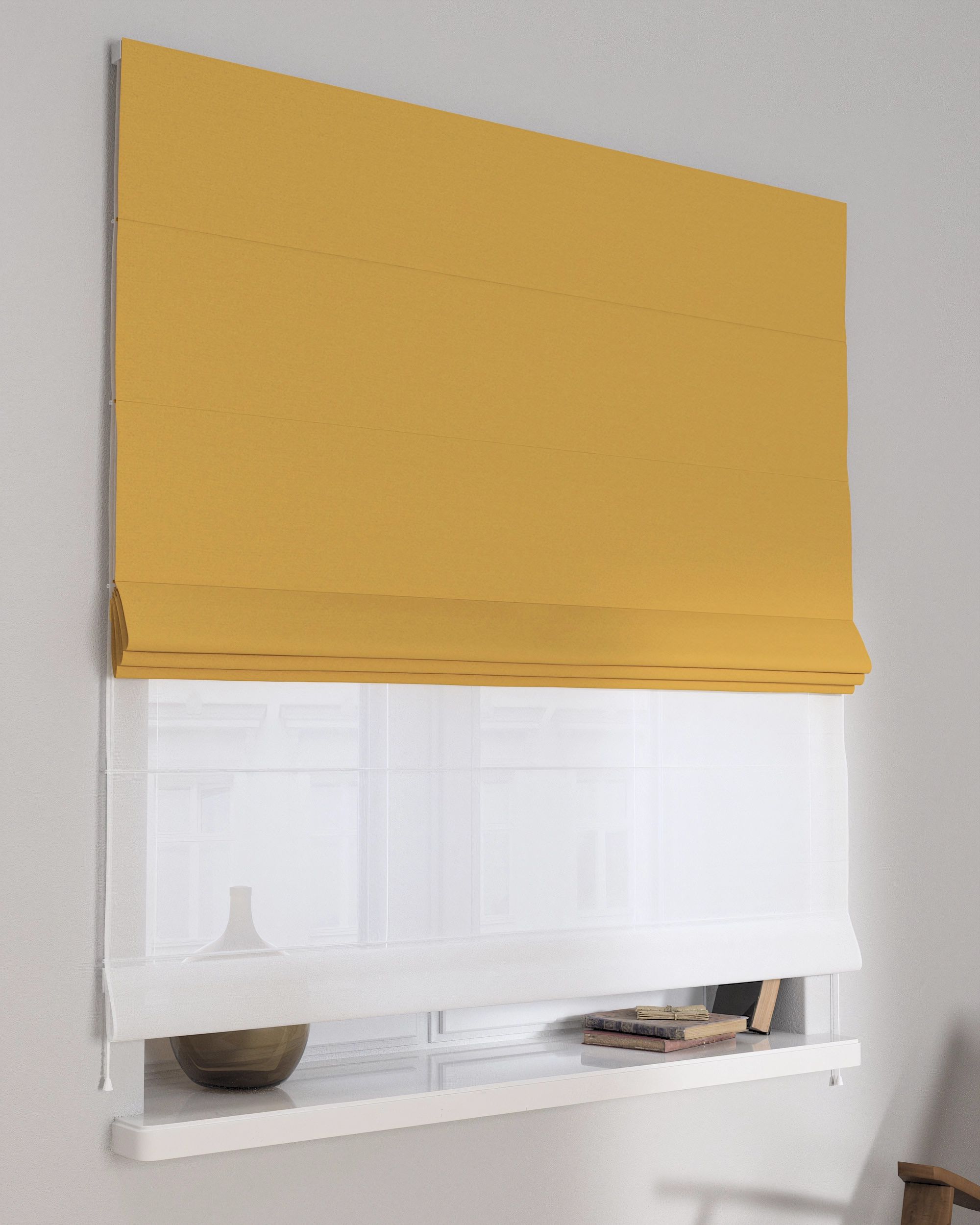 Double layered Roman blind DUO product colour yellow fabric structured, blackout