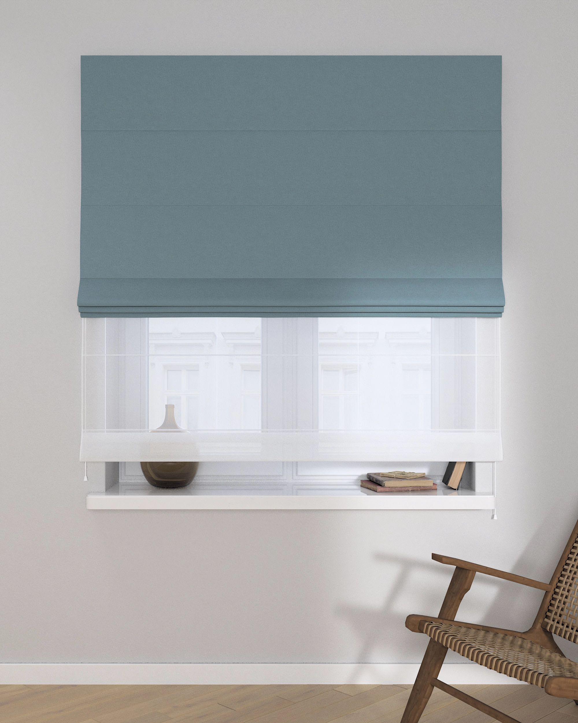 Double layered Roman blind DUO product colour blue fabric structured, blackout (hover)