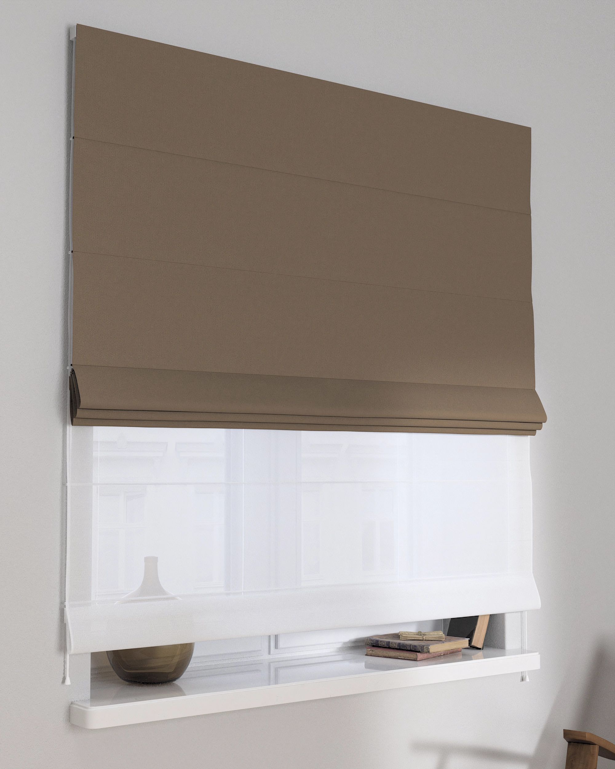 Double layered Roman blind DUO product colour brown fabric structured, blackout