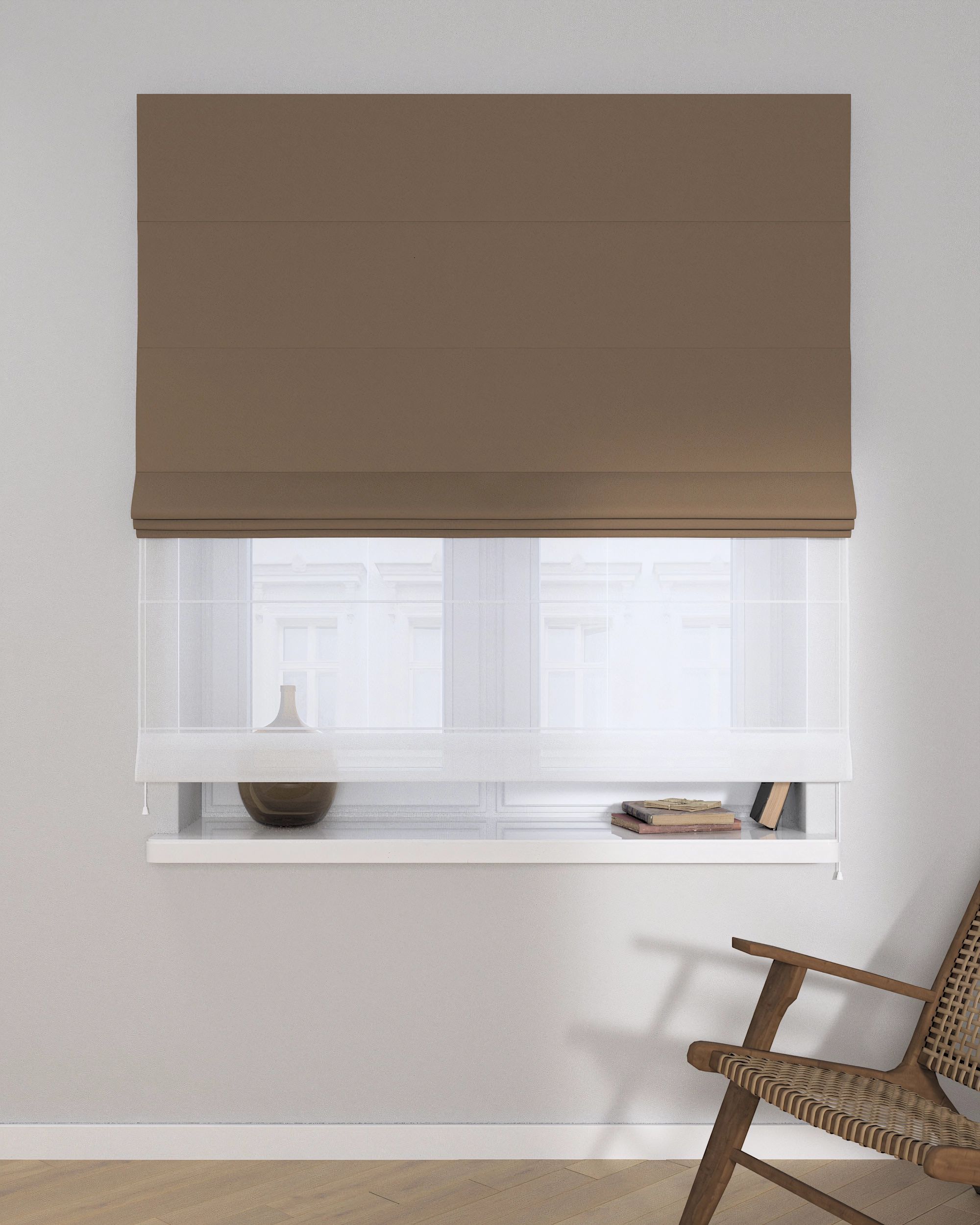 Double layered Roman blind DUO product colour brown fabric blackout (hover)
