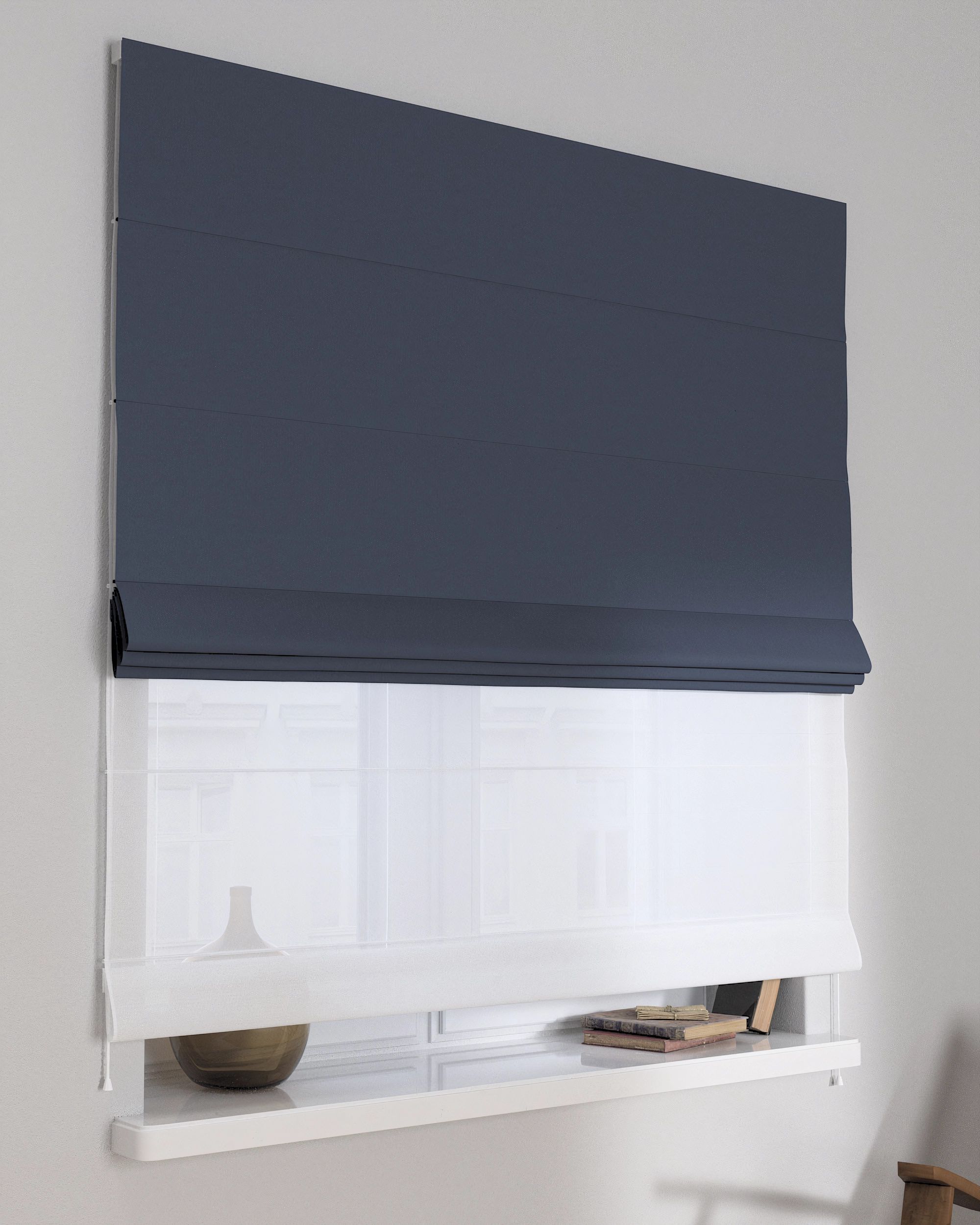 Double layered Roman blind DUO product colour navy blue fabric blackout