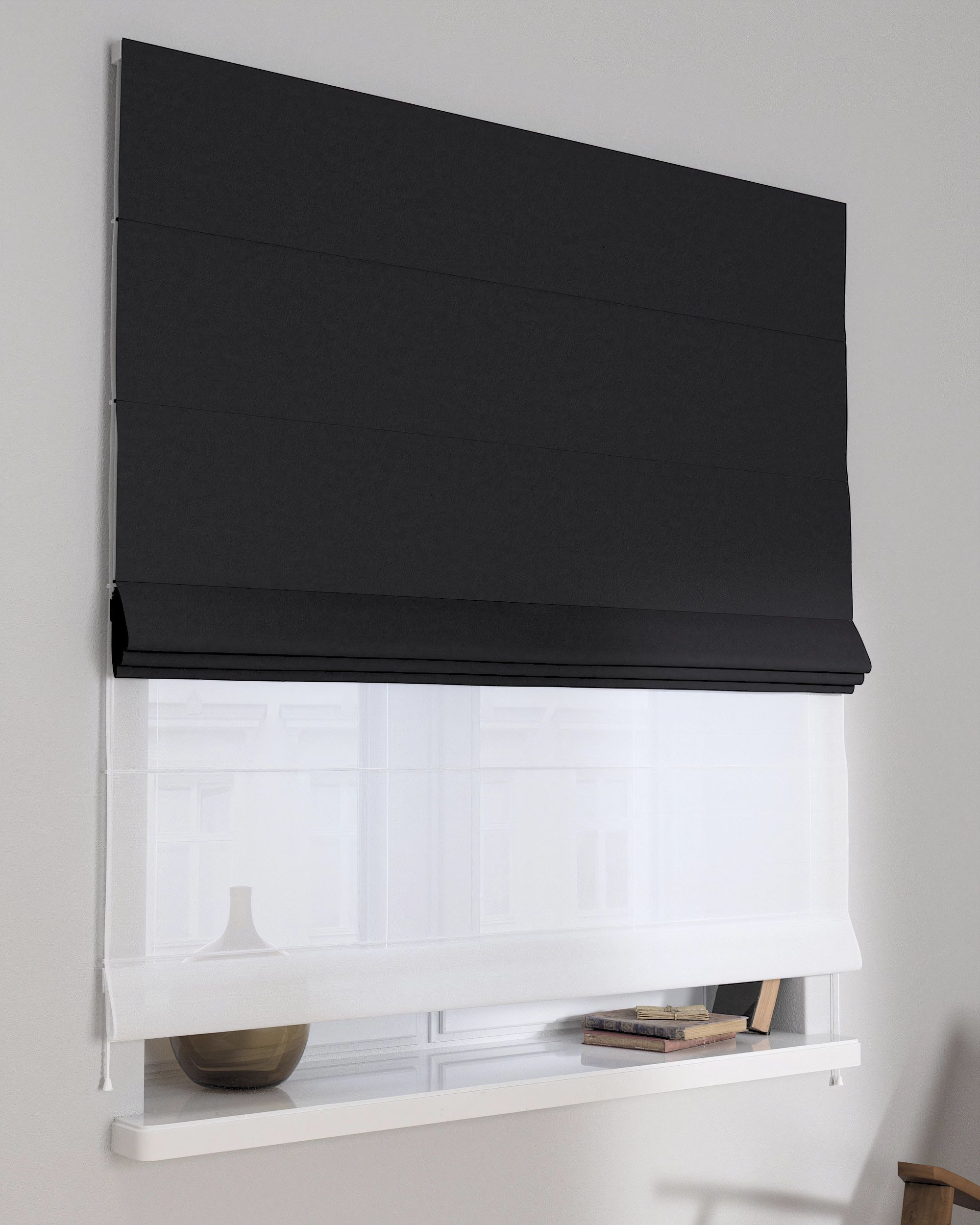 Double layered Roman blind DUO product colour black fabric blackout