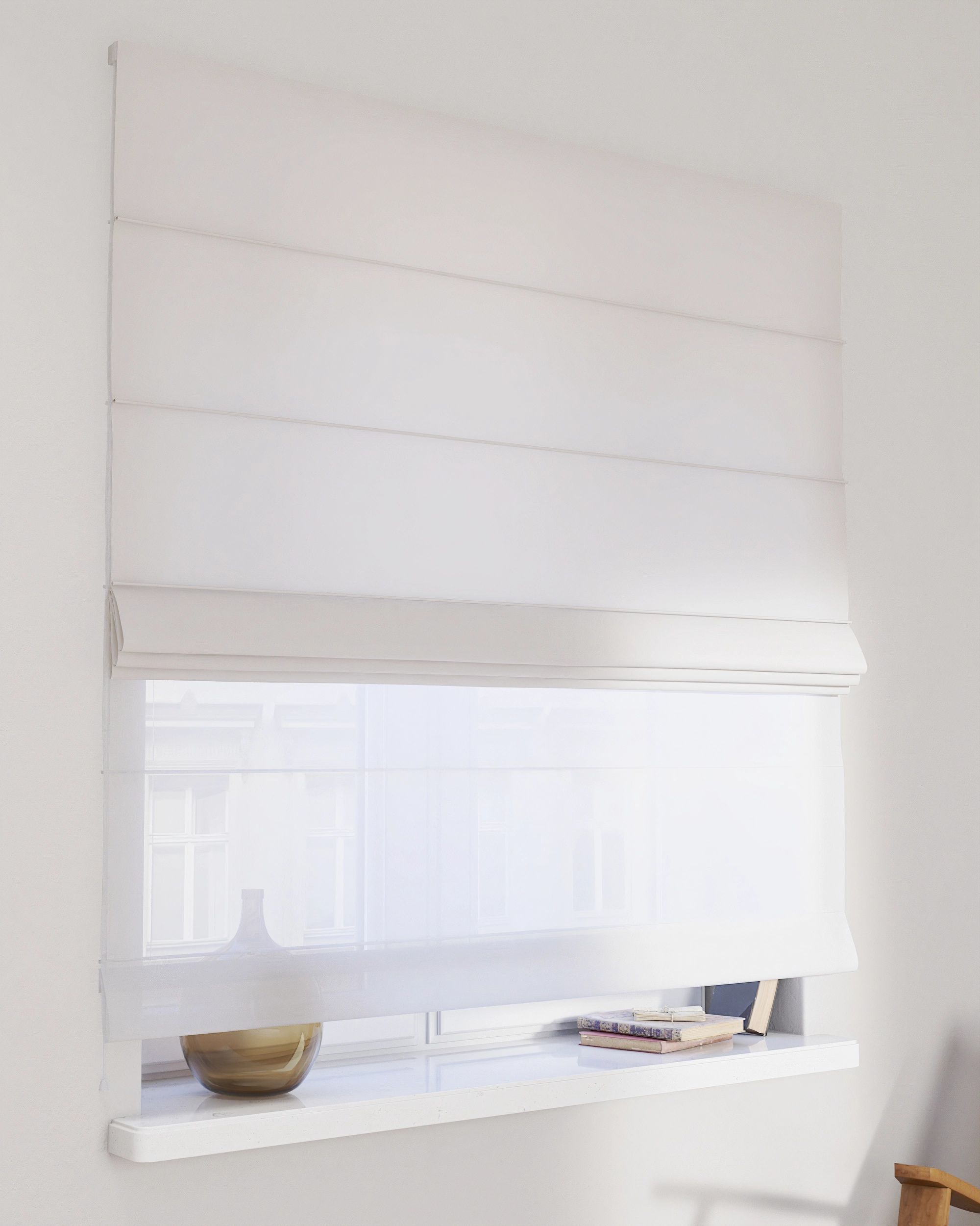 Double layered Roman blind DUO product colour white fabric semi-sheer, structured