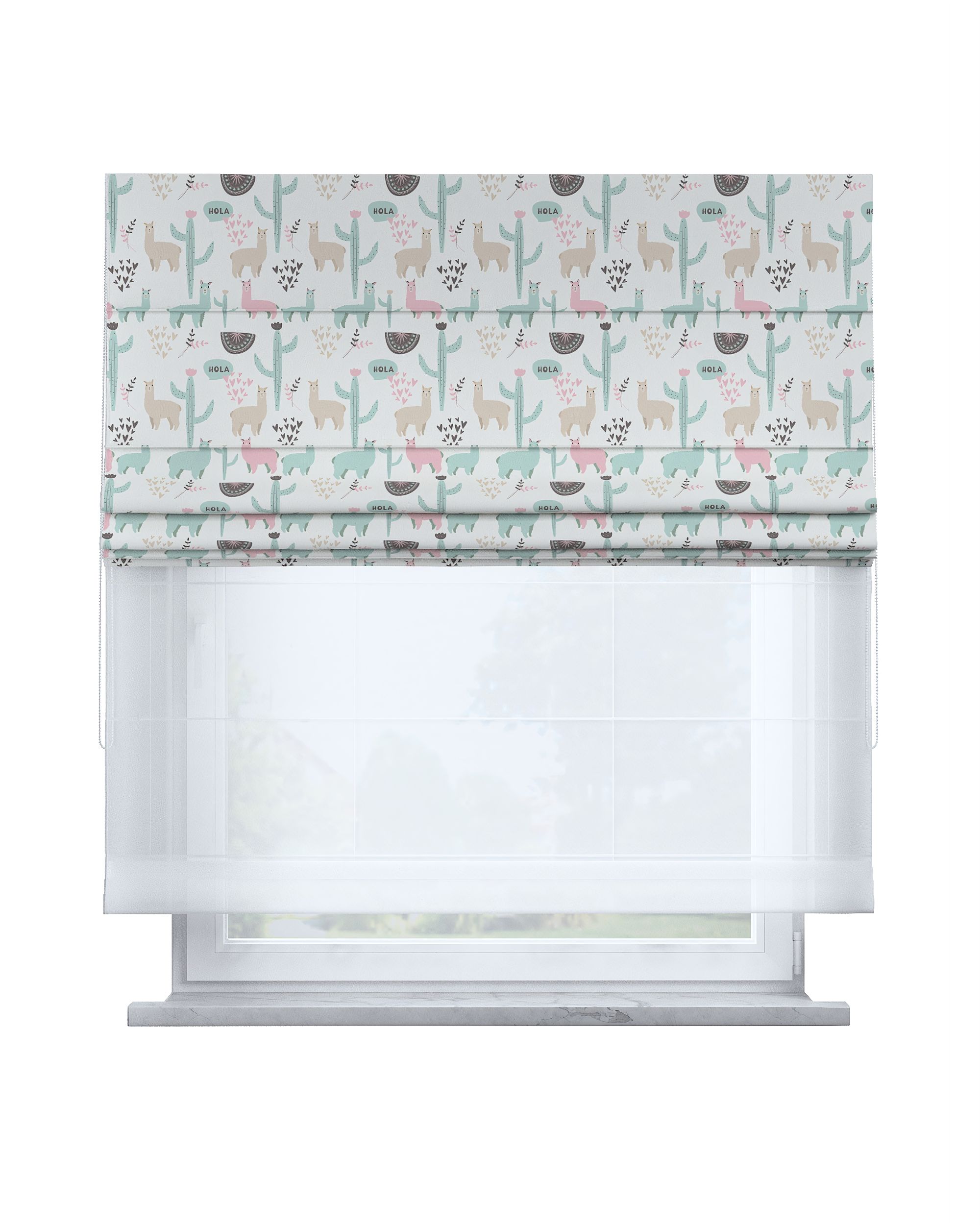 Double layered Roman blind DUO product colour green fabric patterned