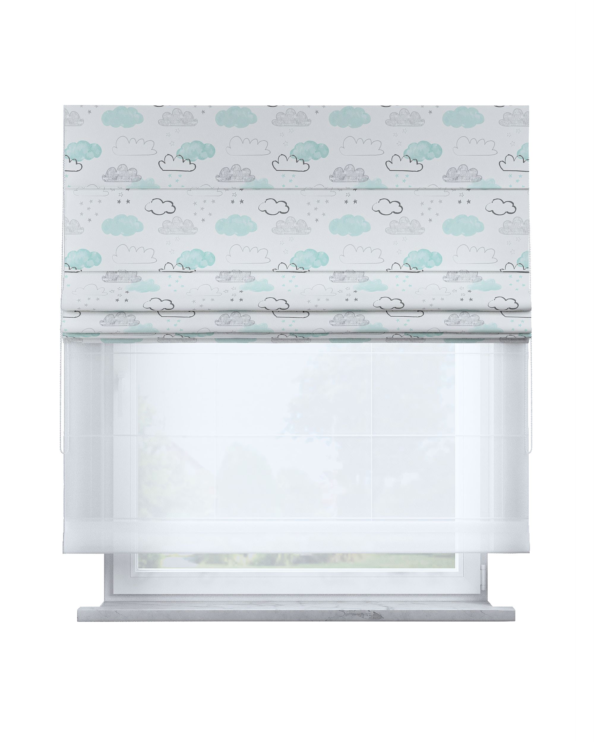 Double layered Roman blind DUO product colour white fabric patterned