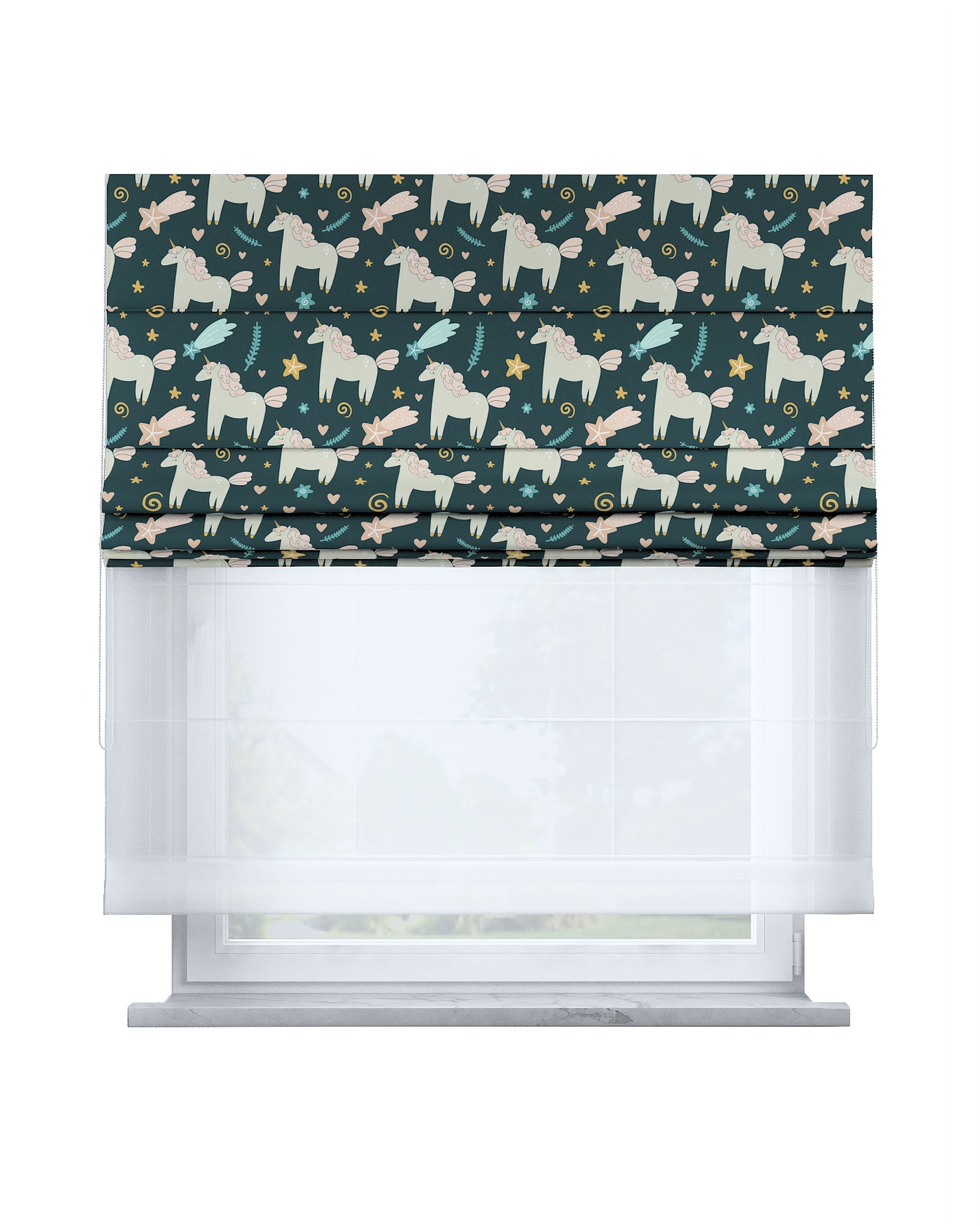 Double layered Roman blind DUO product colour brown fabric patterned