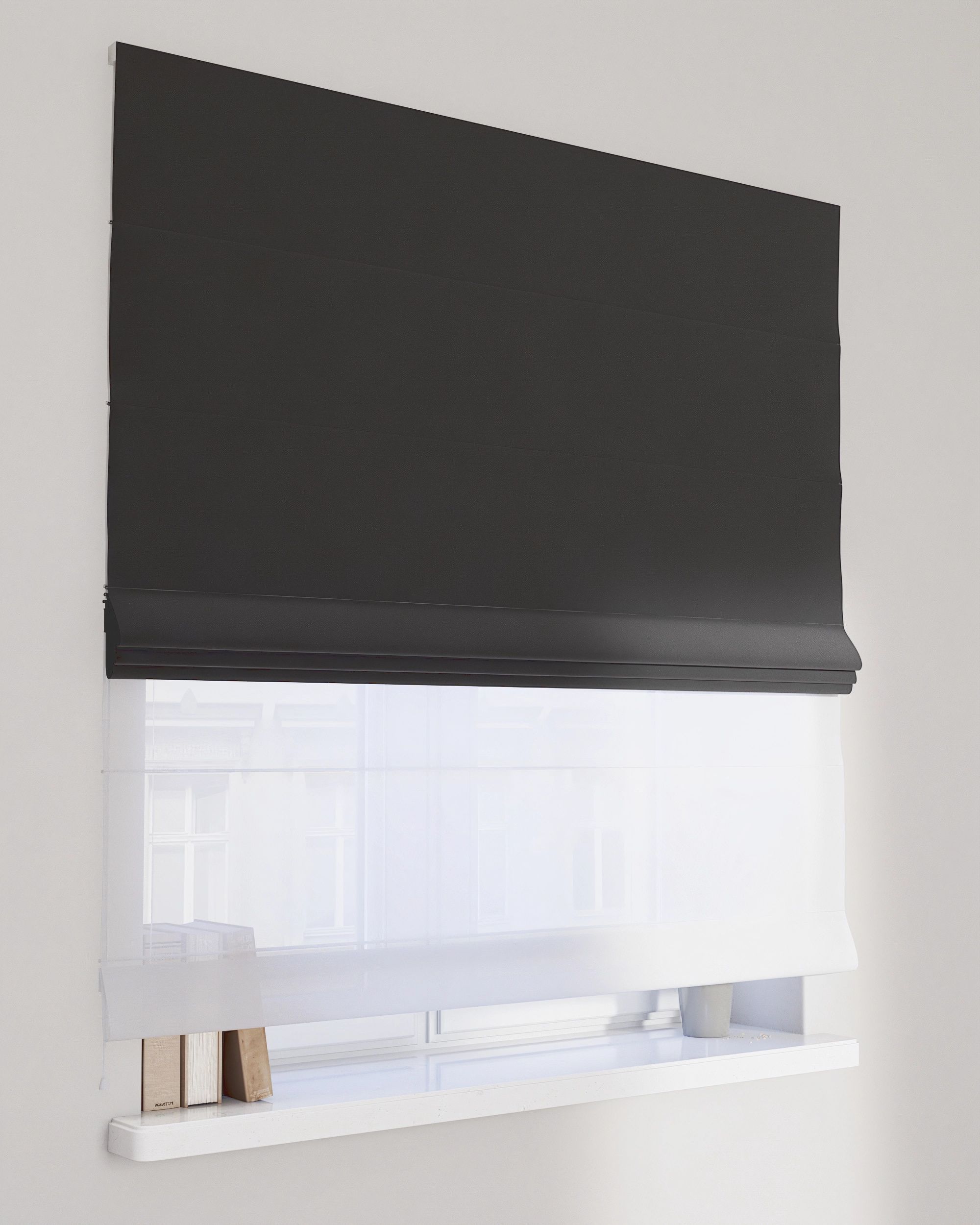 Double layered Roman blind DUO product colour black fabric gloss, velvet