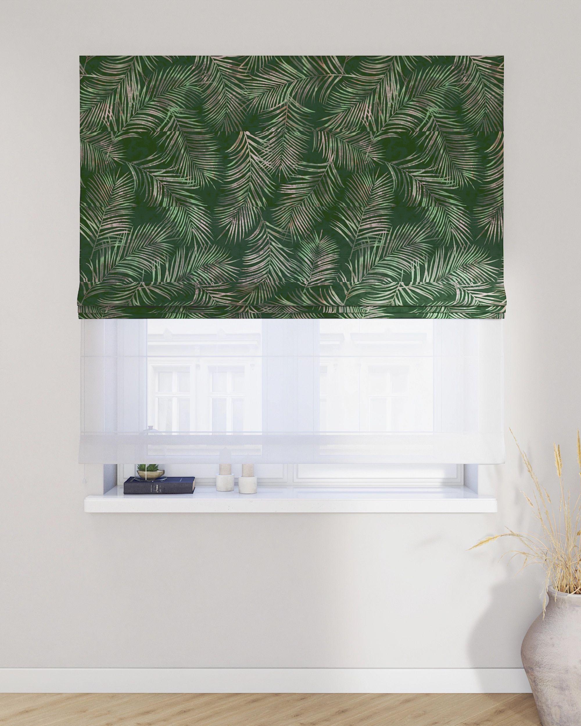 Double layered Roman blind DUO product colour green fabric velvet, patterned (hover)